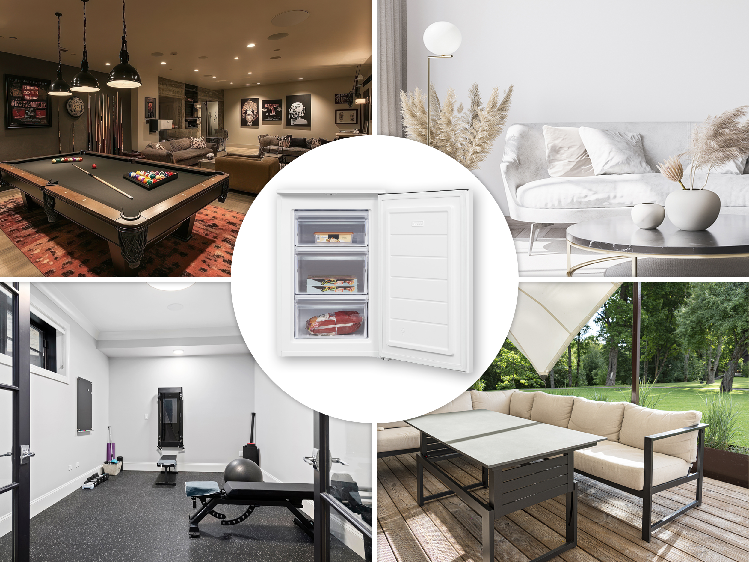 Zusammengesetztes Bild: Billardtisch, Wohnzimmer, Gefrierschrank, Couch, Fitnessraum und Sitzbereich im Freien.