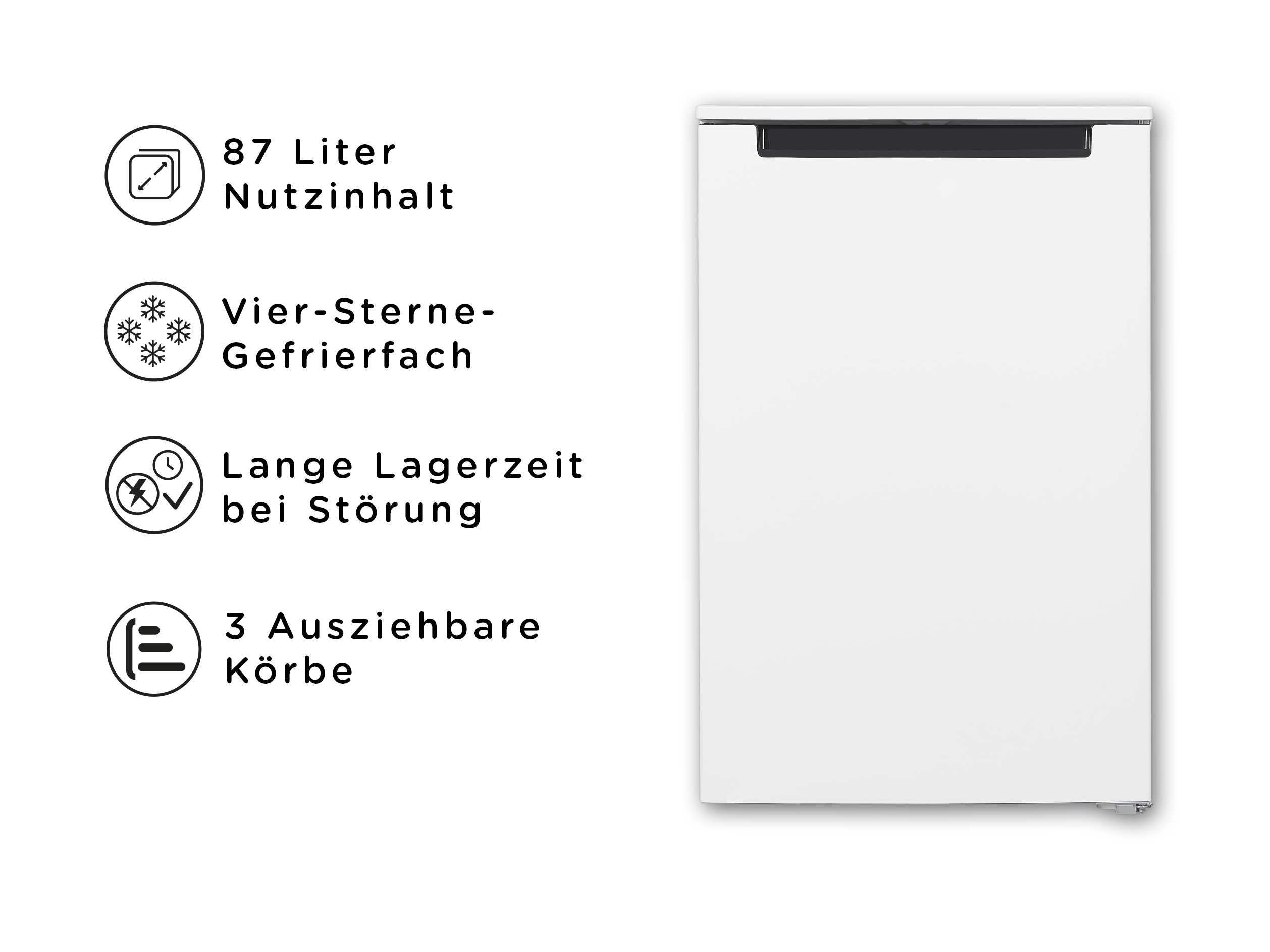 Ein weißer Gefrierschrank mit schwarzem Griff. Text zeigt Eigenschaften: 87L Fassungsvermögen, 4-Sterne-Gefrierfach, lange Lagerzeit, 3 Körbe.