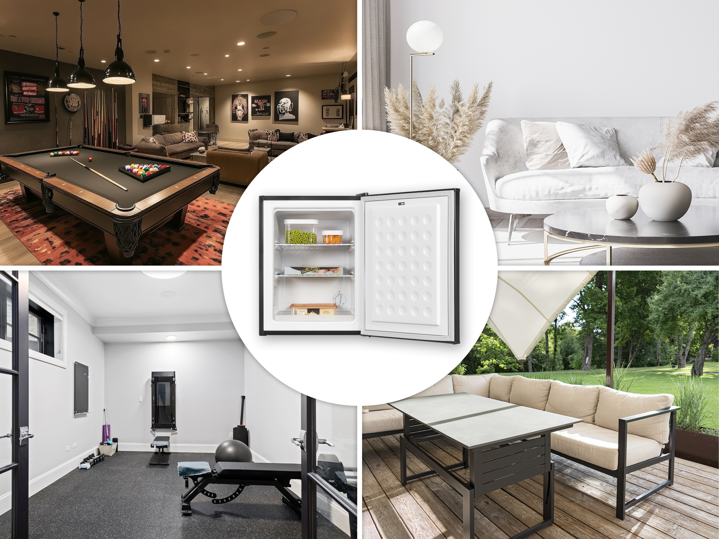 Zusammengesetztes Bild: Billardtisch, Wohnzimmer, Gefrierschrank, Wohnzimmer, Fitnessstudio und Sitzgelegenheiten im Freien.