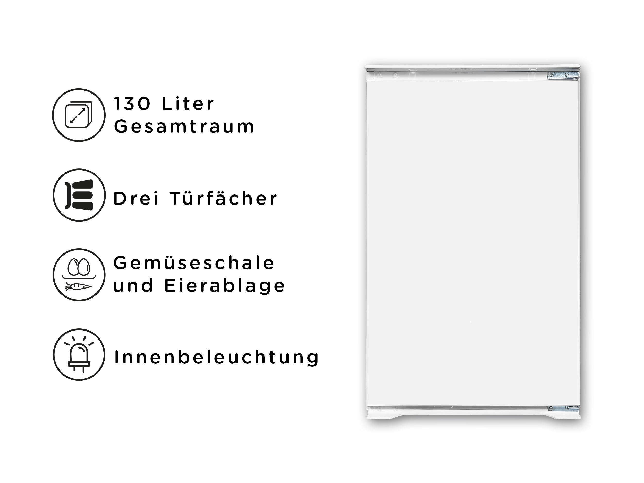 Ein weißer Kühlschrank mit Symbolen, die Merkmale auflisten: 130 l Fassungsvermögen, 3 Türfächer, Gemüsefach und Eierablage, sowie Innenbeleuchtung.