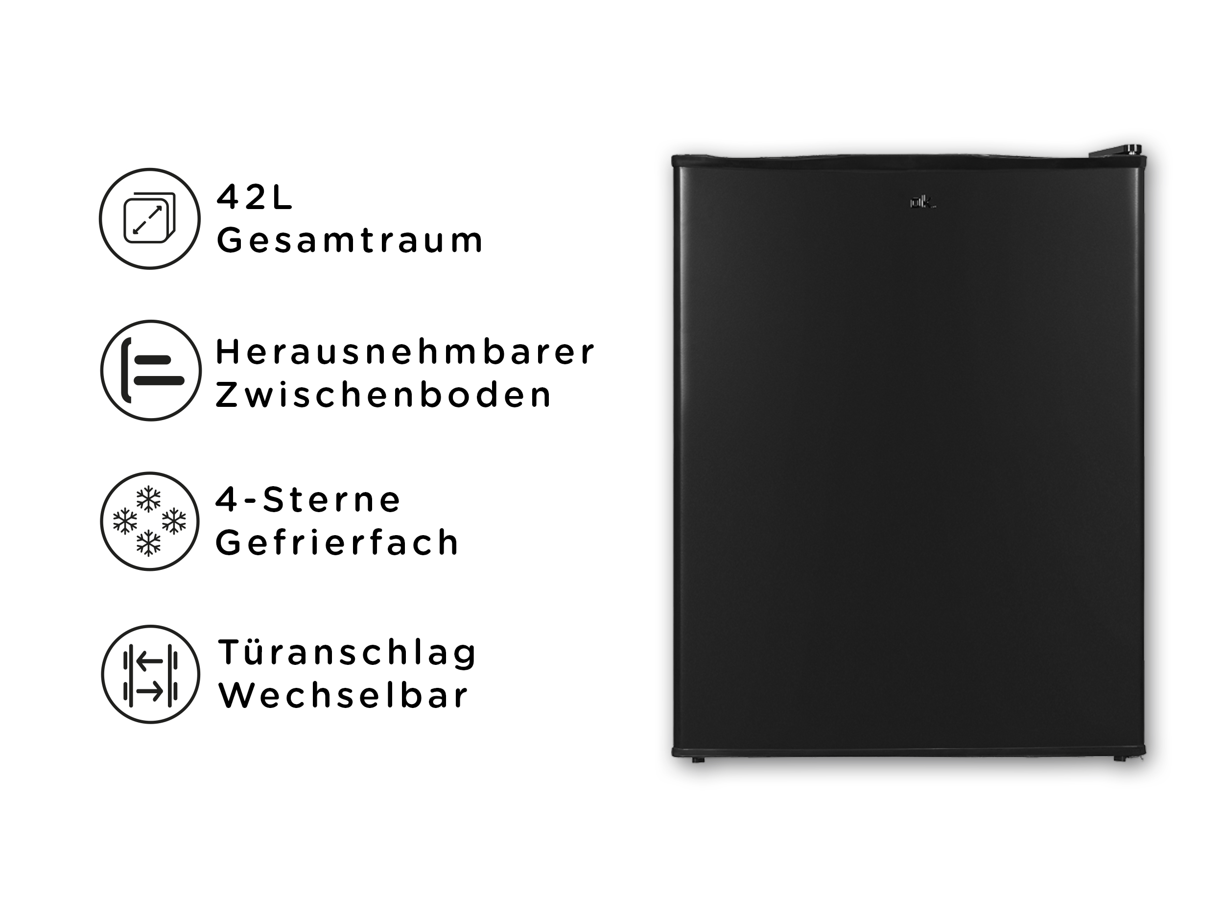 Ein schwarzer Minikühlschrank mit Funktionen wie 42L Fassungsvermögen, herausnehmbarem Regal, 4-Sterne-Gefrierfach.
