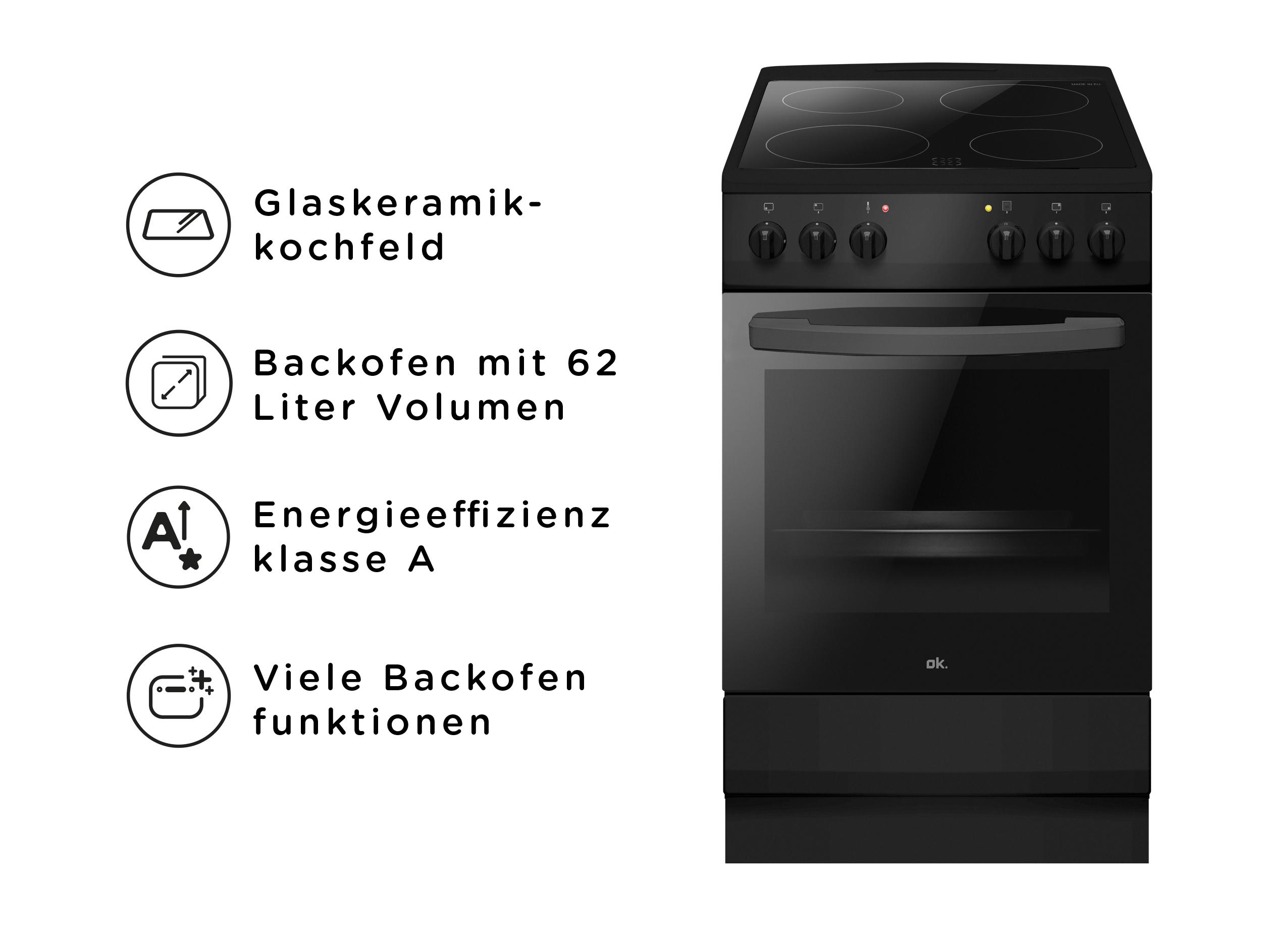 Schwarzer Elektrobackofen mit Glaskeramikkochfeld. Merkmale: 62L Ofen, Energieeffizienzklasse A und viele Funktionen.