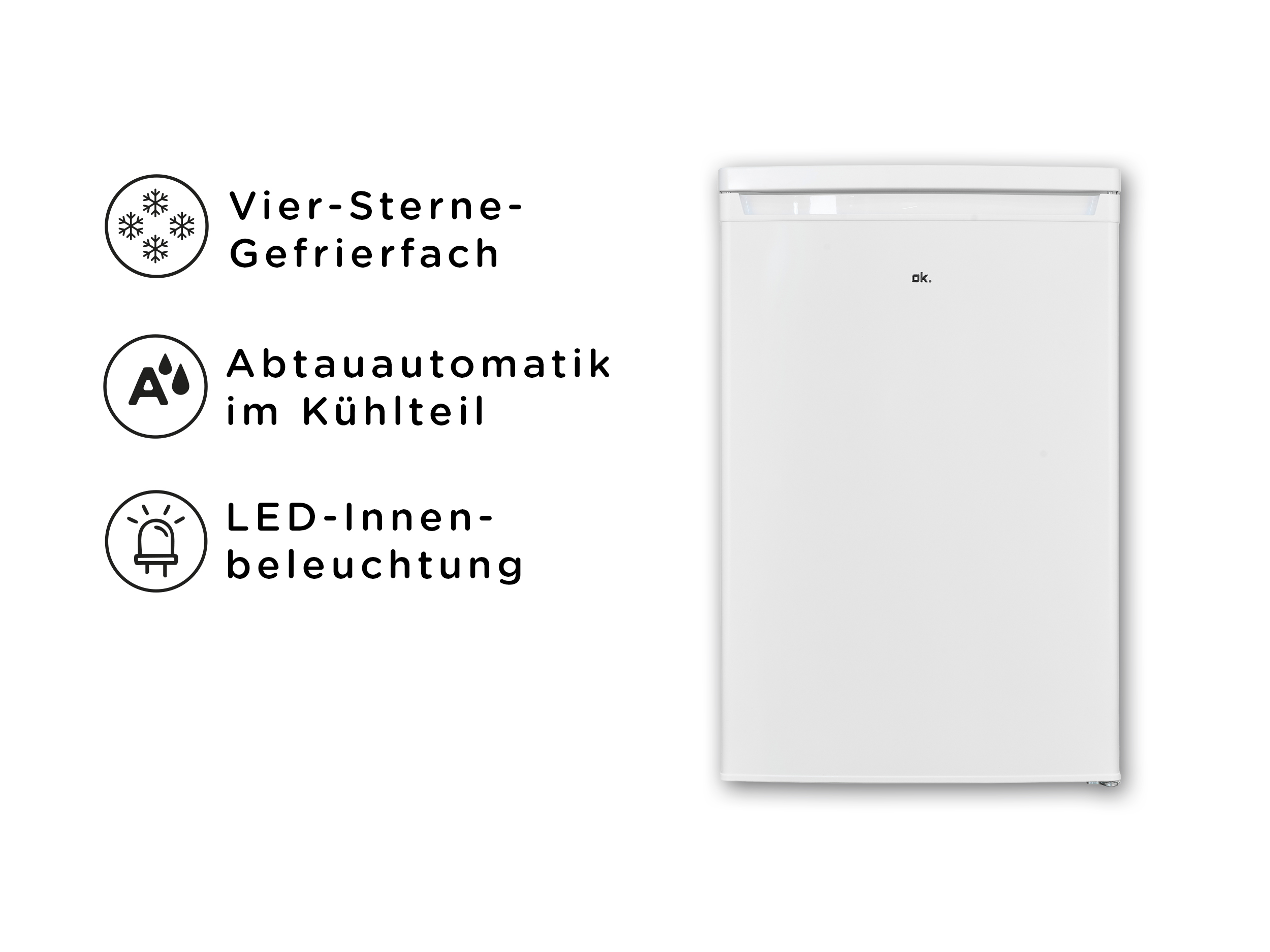 Ein weißer Kühlschrank mit Textbeschriftungen. Merkmale sind ein Gefrierfach, automatische Abtauung und LED-Beleuchtung.