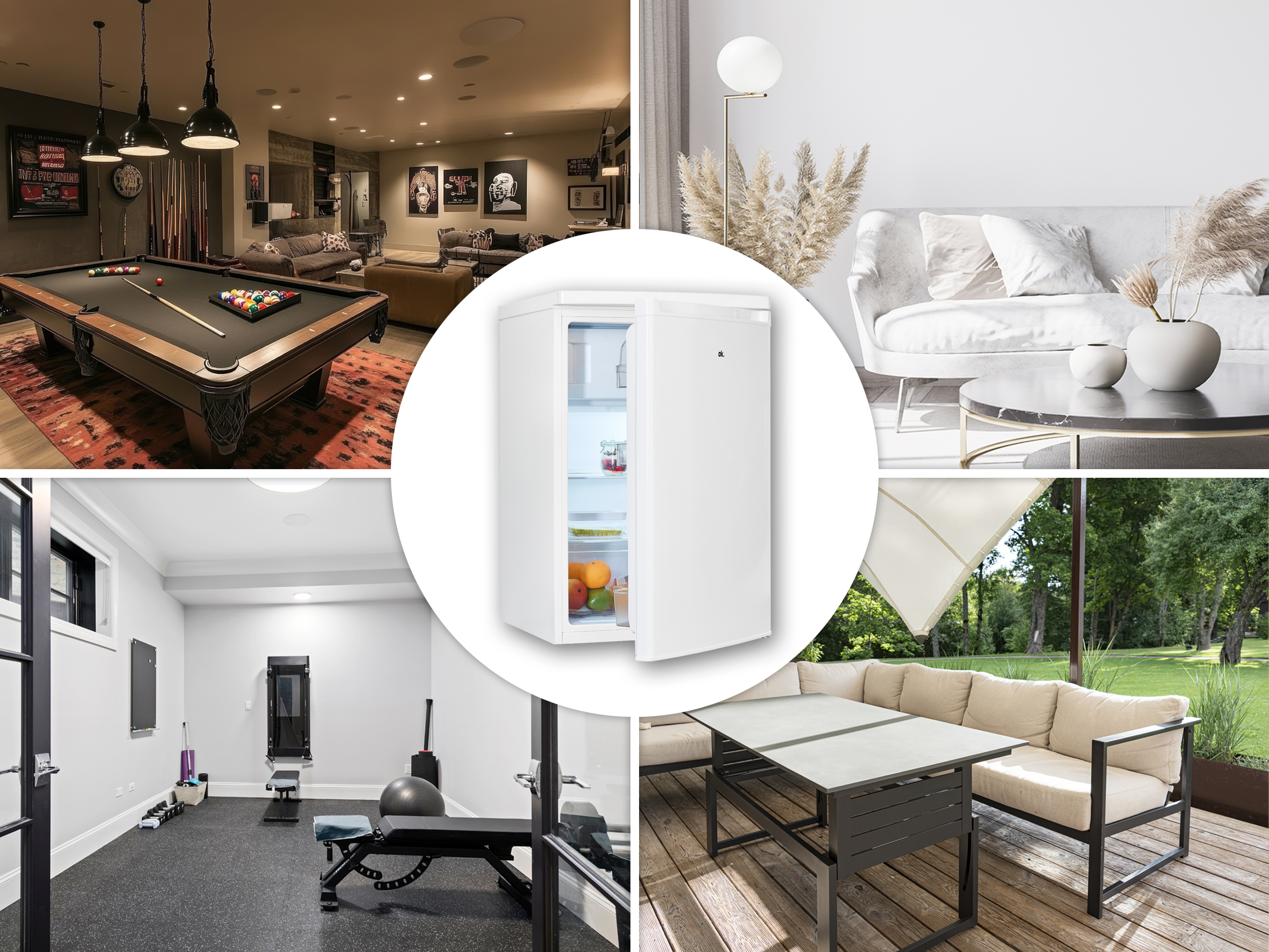 Zusammengesetztes Bild: Billardtisch, Wohnzimmer, kleiner Kühlschrank, Sofa mit Tisch, Terrassenmöbel und ein Fitnessstudio.