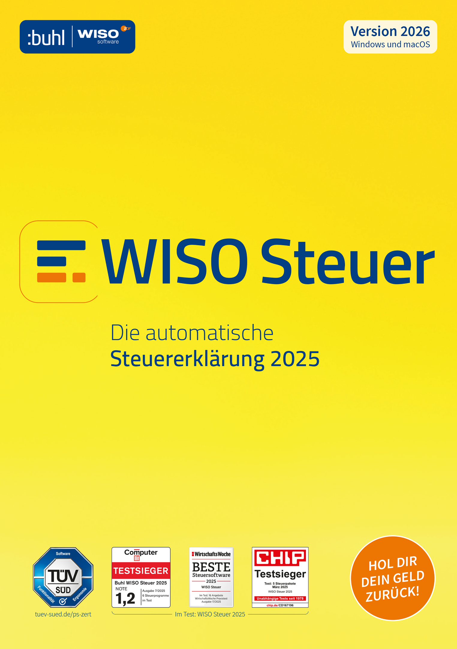 Das Bild ist eine gelbe Werbung für die WISO Steuer 2025 Software. Es enthält Logos, Text und Auszeichnungen, die Steuersoftware bewerben.
