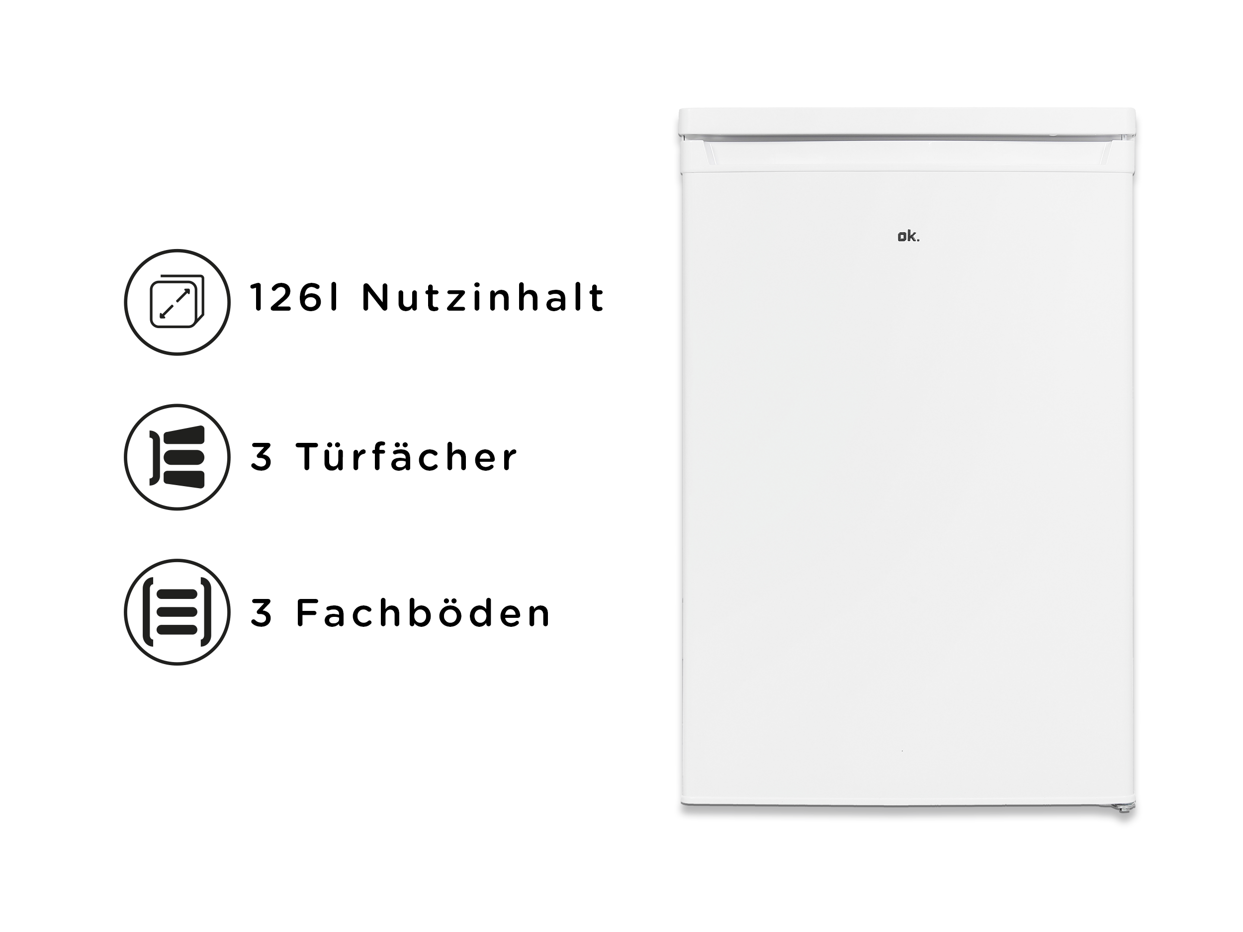 Weißer Kühlschrank mit ok. Logo und Text: 126l Fassungsvermögen, 3 Türfächer, 3 Böden.