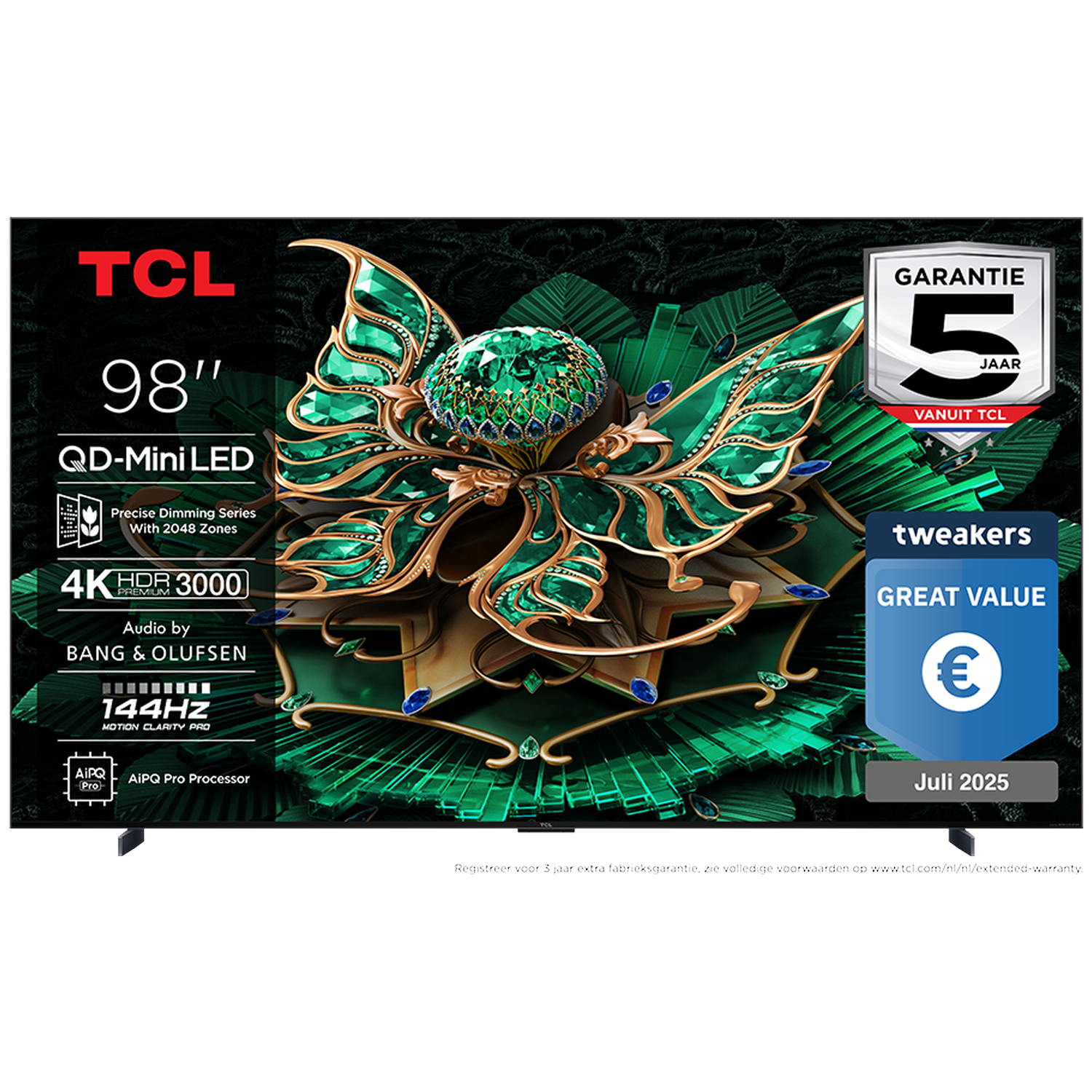 TCL 98-inch QD-Mini LED TV with 4K HDR 3000, Bang & Olufsen audio, 144Hz.