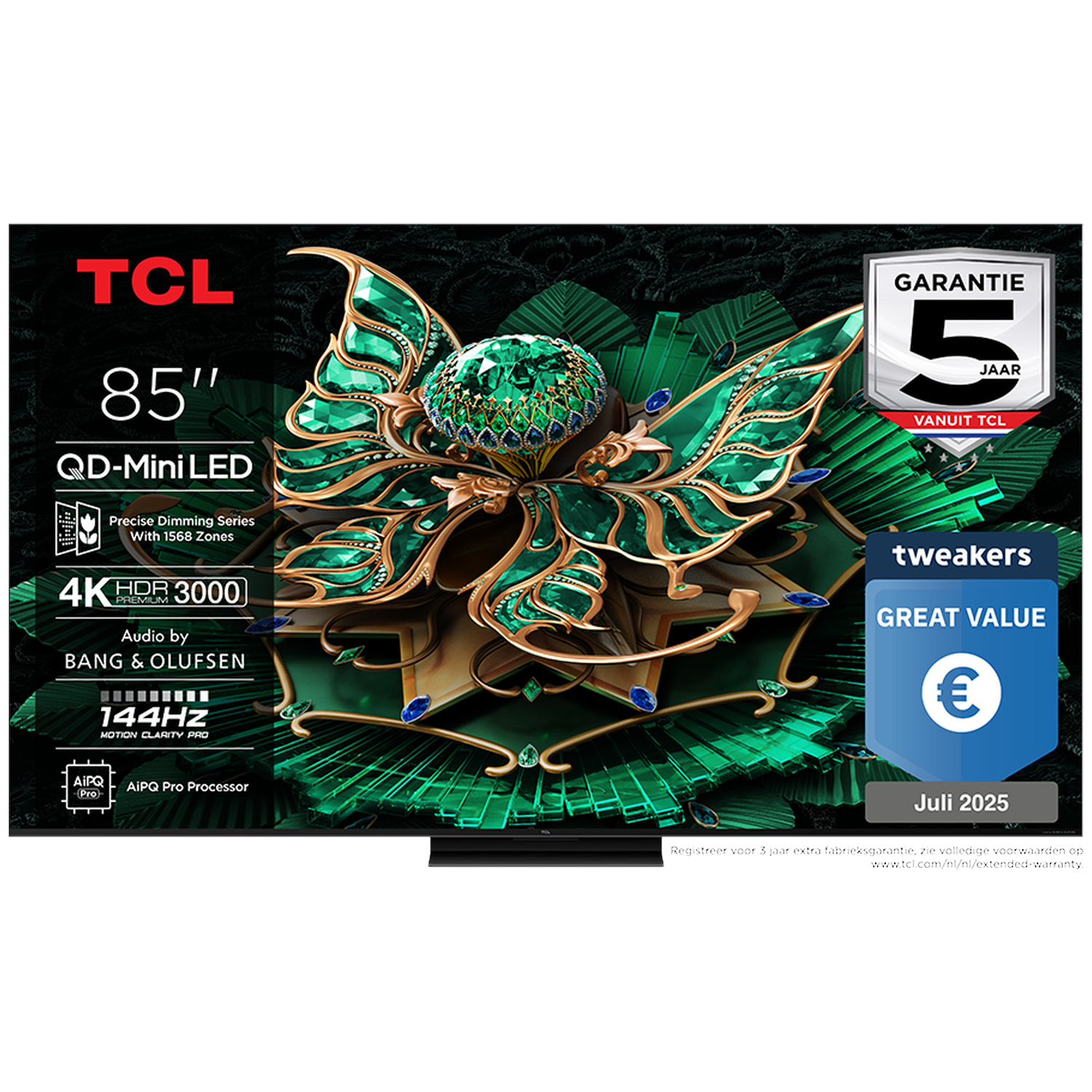 TCL 85" QD-Mini LED TV met 4K HDR 3000, Bang & Olufsen audio, 144Hz.