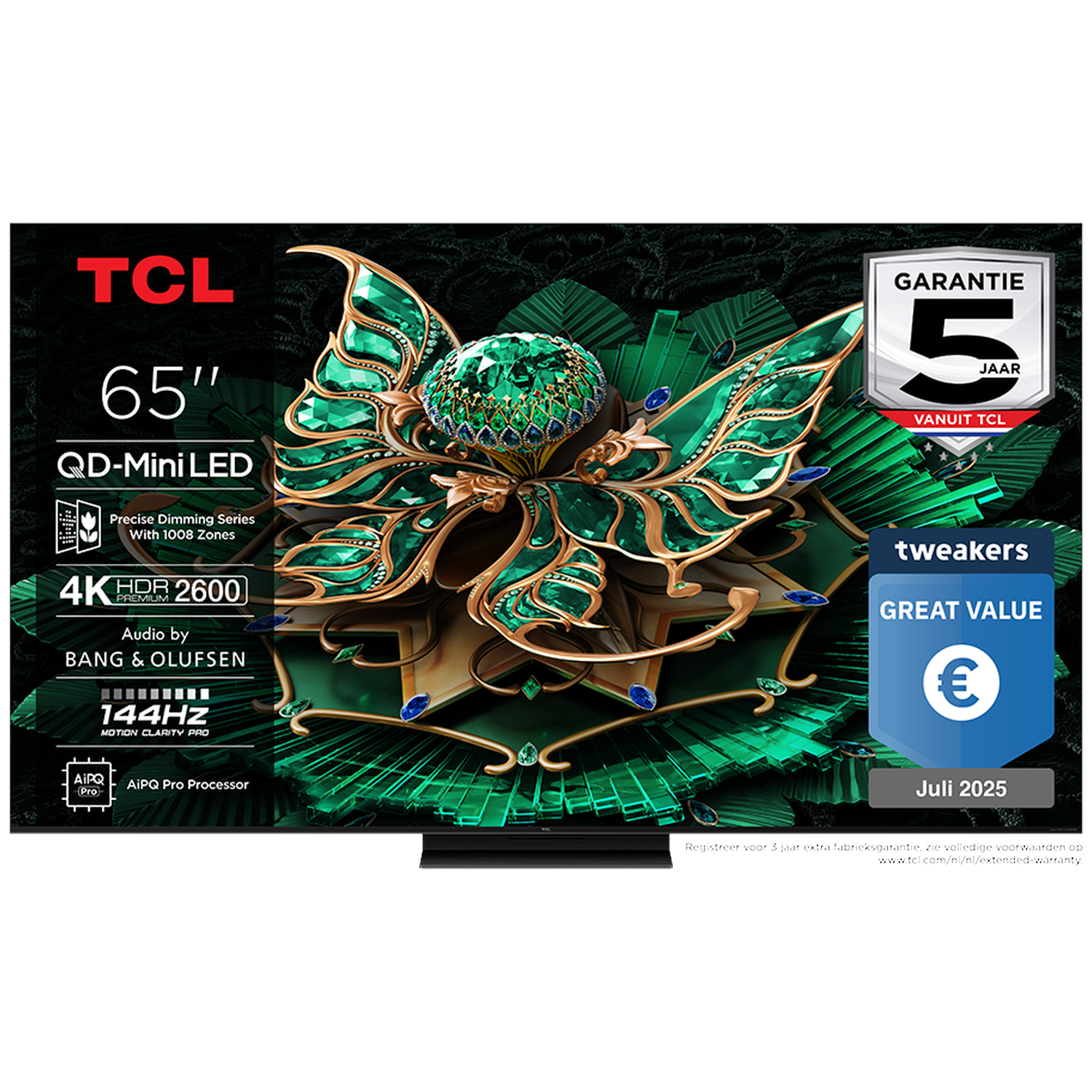 TCL 65 inch QD-Mini LED TV with 4K HDR, 144Hz, Bang & Olufsen audio.