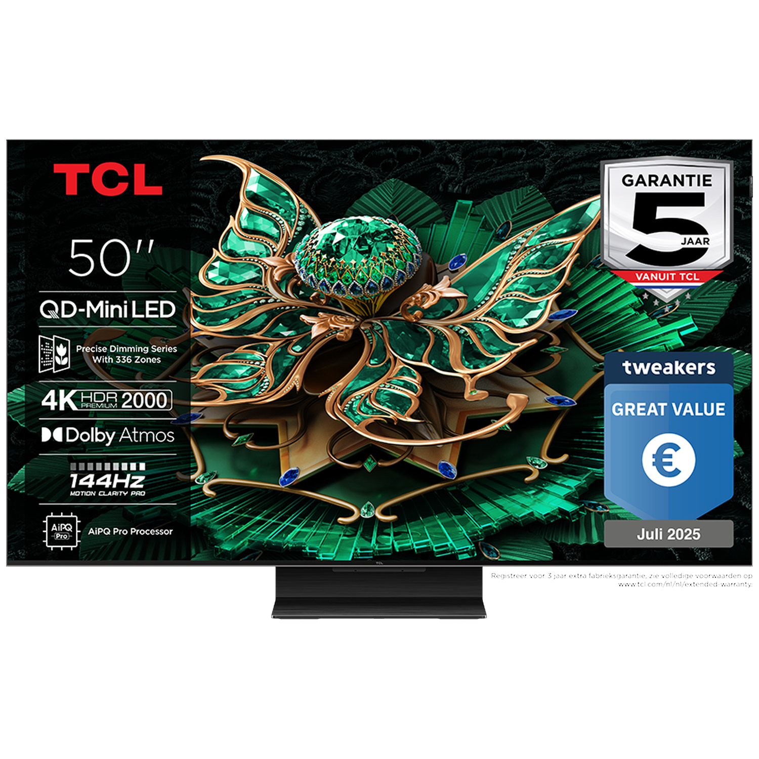 TCL 50-inch QD-Mini LED TV met 4K HDR, Dolby Atmos, 144Hz en AiPQ Pro.