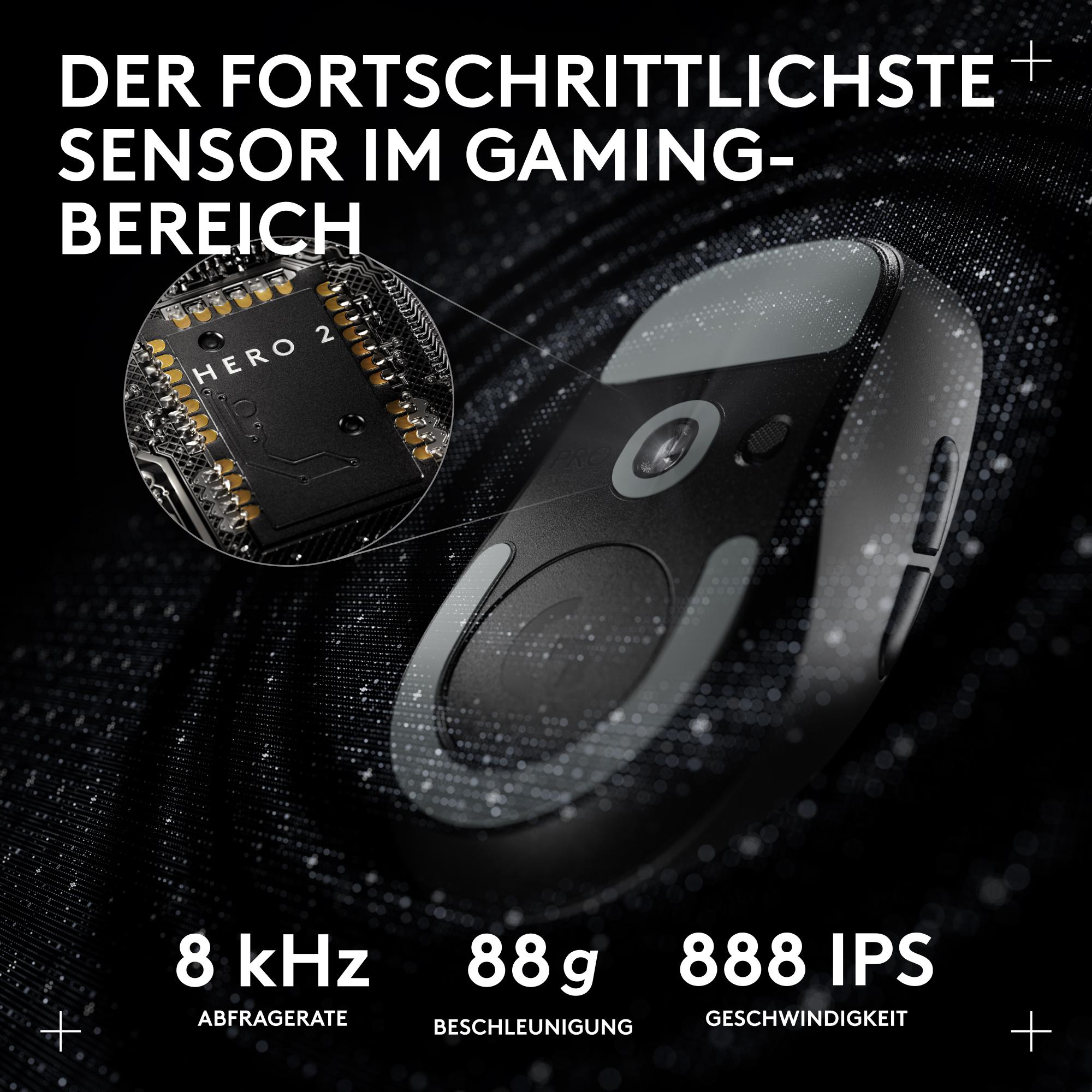 Das Bild zeigt eine Gaming-Maus und eine Leiterplatte. Text hebt die Sensortechnologie mit den Spezifikationen hervor: 8 kHz, 88 g und 888 IPS.
