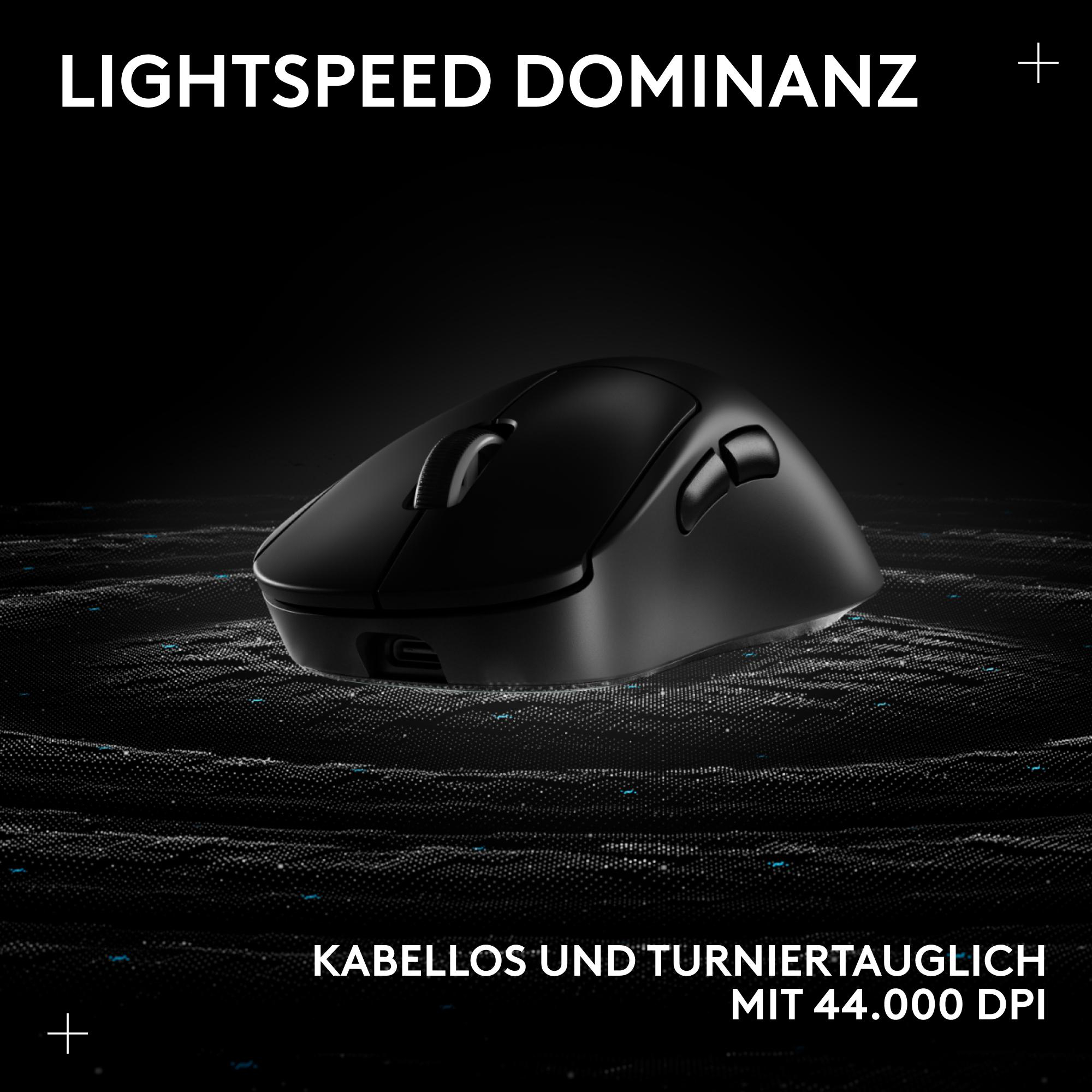 Schwarze kabellose Maus mit Tasten. Text: LIGHTSPEED DOMINANZ, KABELLOS UND TURNIERTAUGLICH MIT 44.000 DPI.