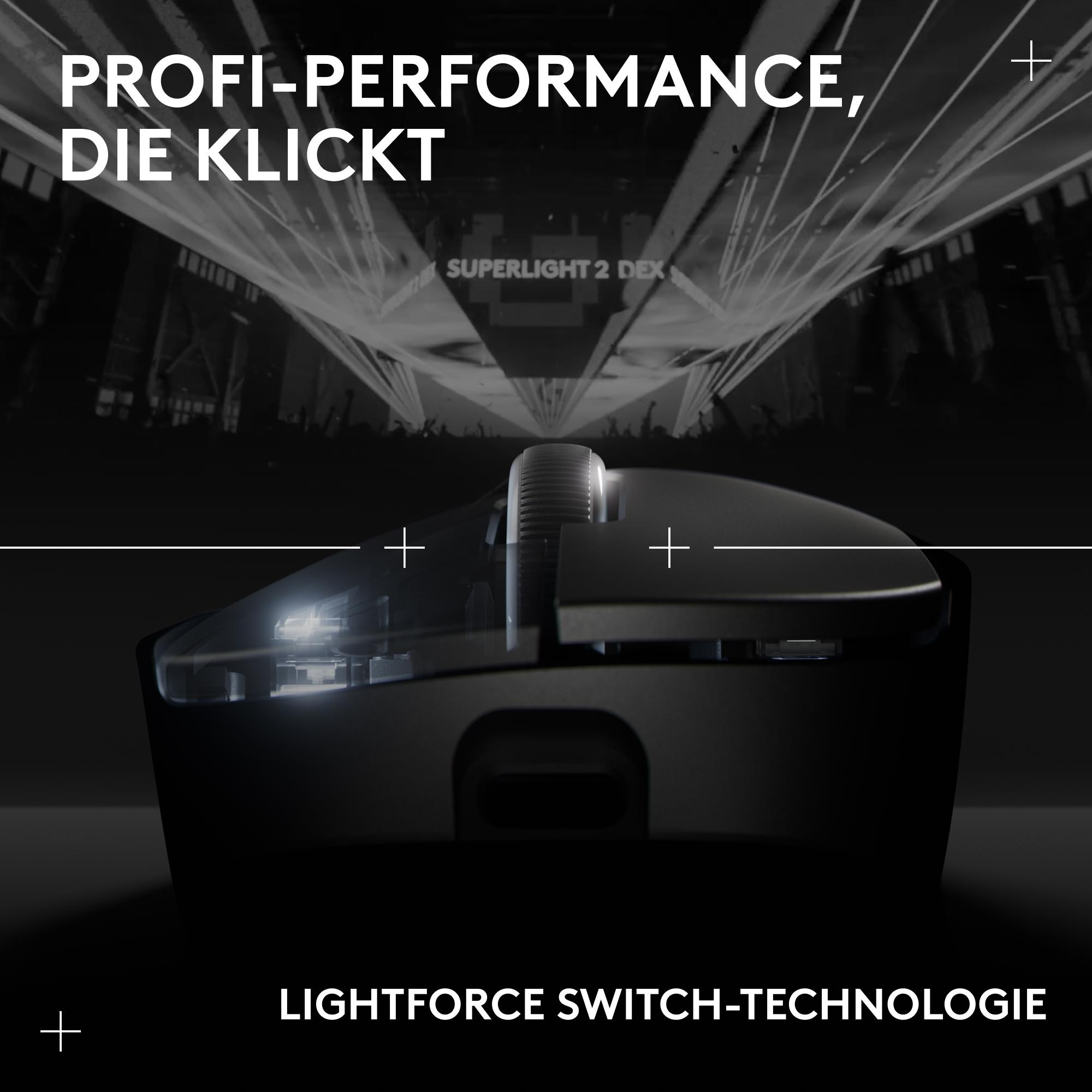 Eine schwarze Computermaus mit transparenten Abschnitten. Text enthält 'PROFI-PERFORMANCE, DIE KLICKT' und 'LIGHTFORCE SWITCH-TECHNOLOGIE'.