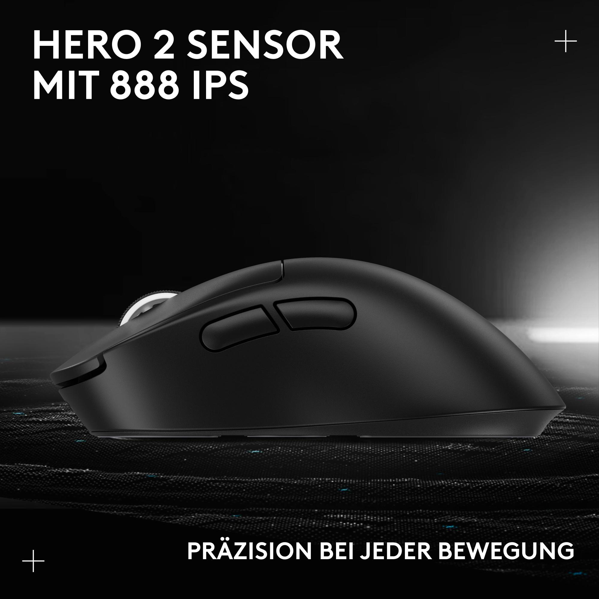 Schwarze Gaming-Maus mit zwei Tasten und einem Scrollrad, mit Text oben und unten auf dunklem Hintergrund.