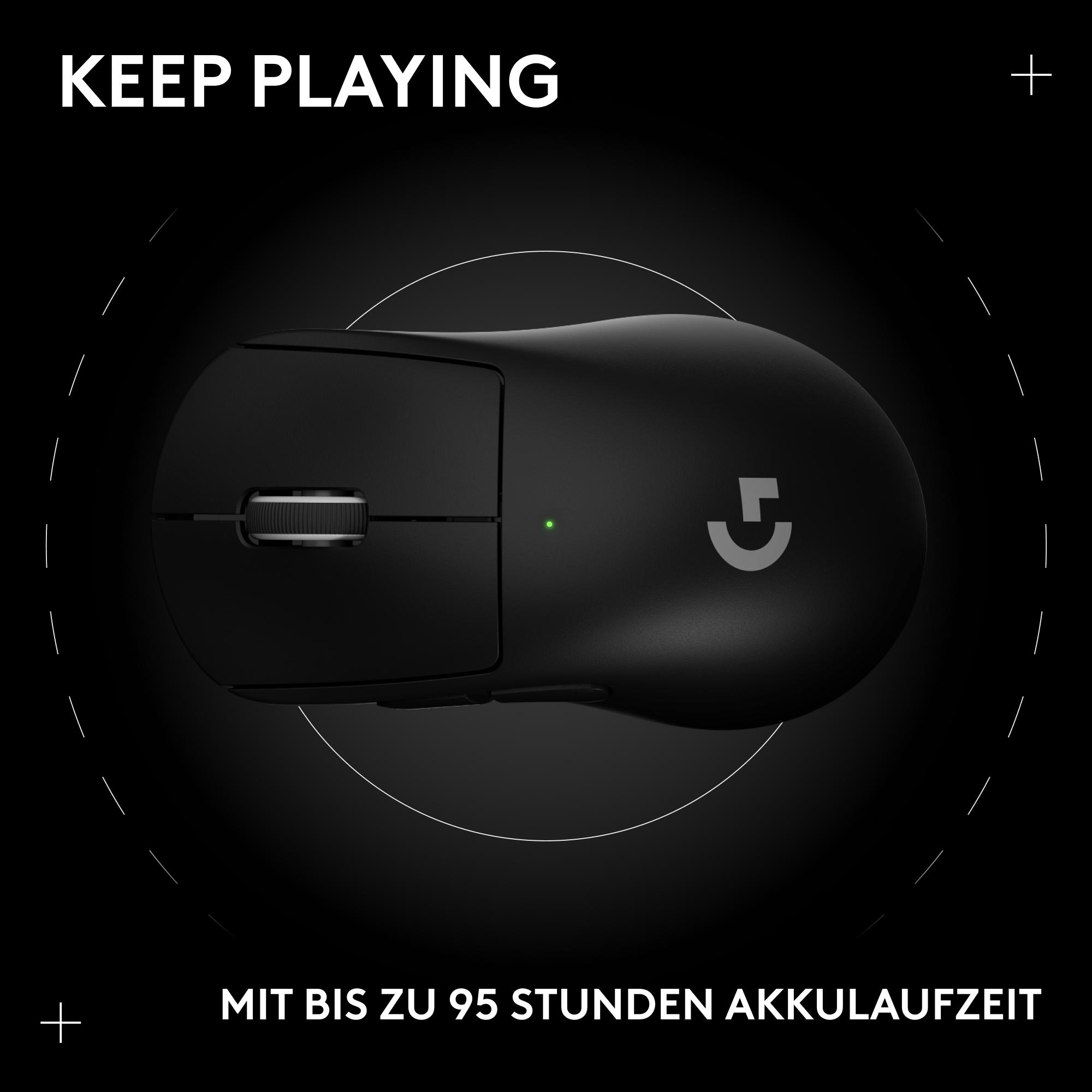 Schwarze kabellose Maus mit dem Logitech G-Logo. Der Hintergrund ist schwarz mit weißem Text und Linien.