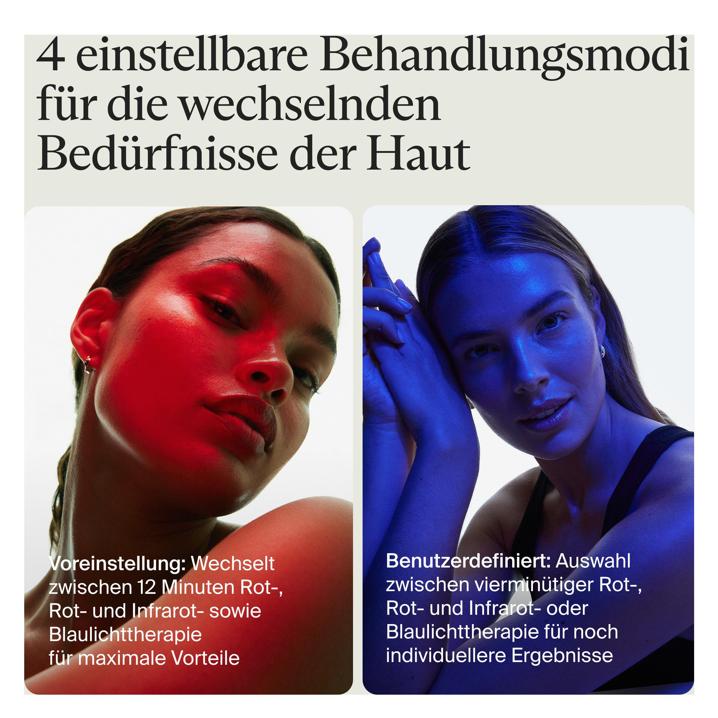 Das Bild ist in zwei Teile geteilt und zeigt die Gesichter von Frauen. Eine unter Rotlicht, die andere unter Blaulicht, mit Text.