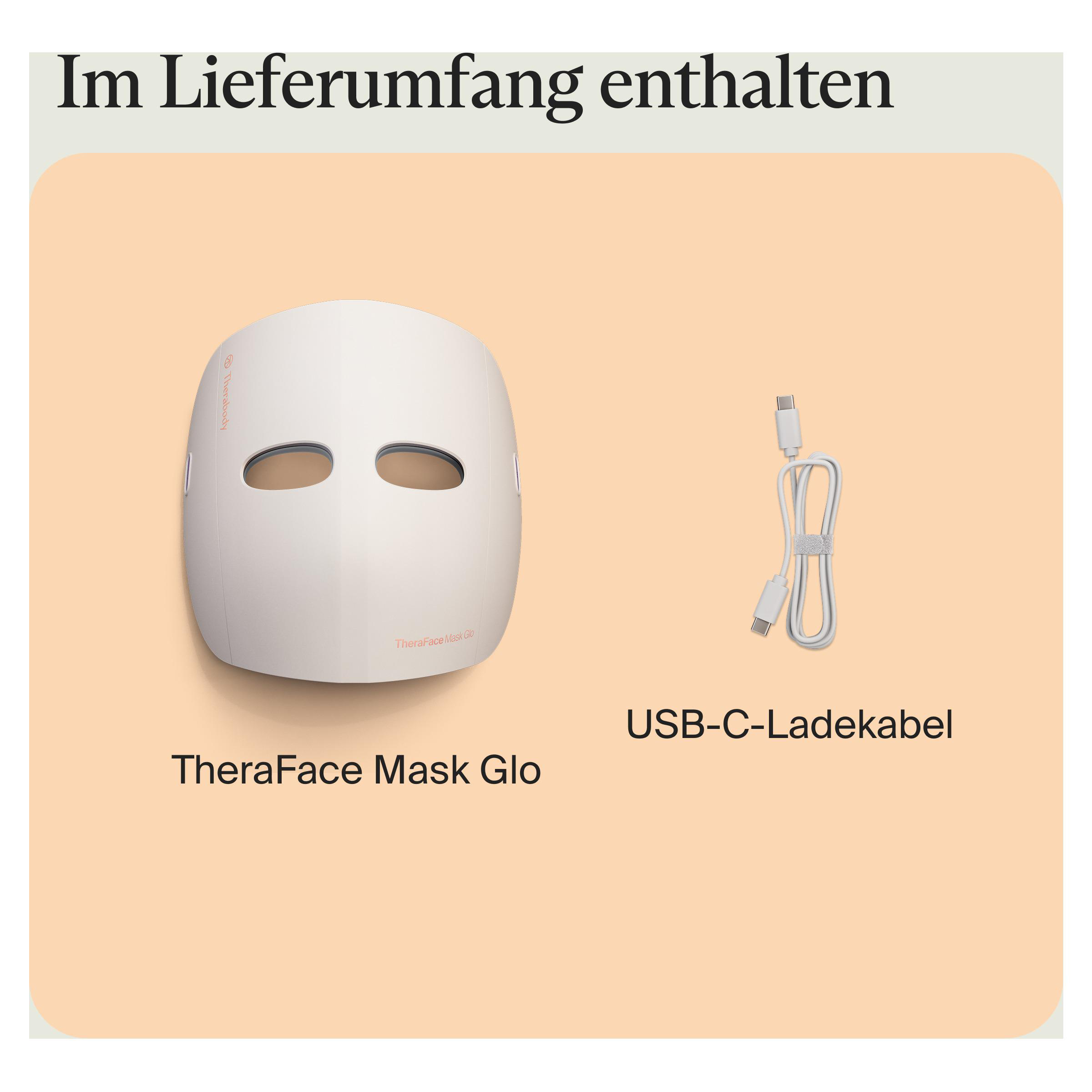 Weiße Gesichtsmaske und USB-C-Kabel auf pfirsichfarbenem Hintergrund, Text: 'Im Lieferumfang enthalten'.