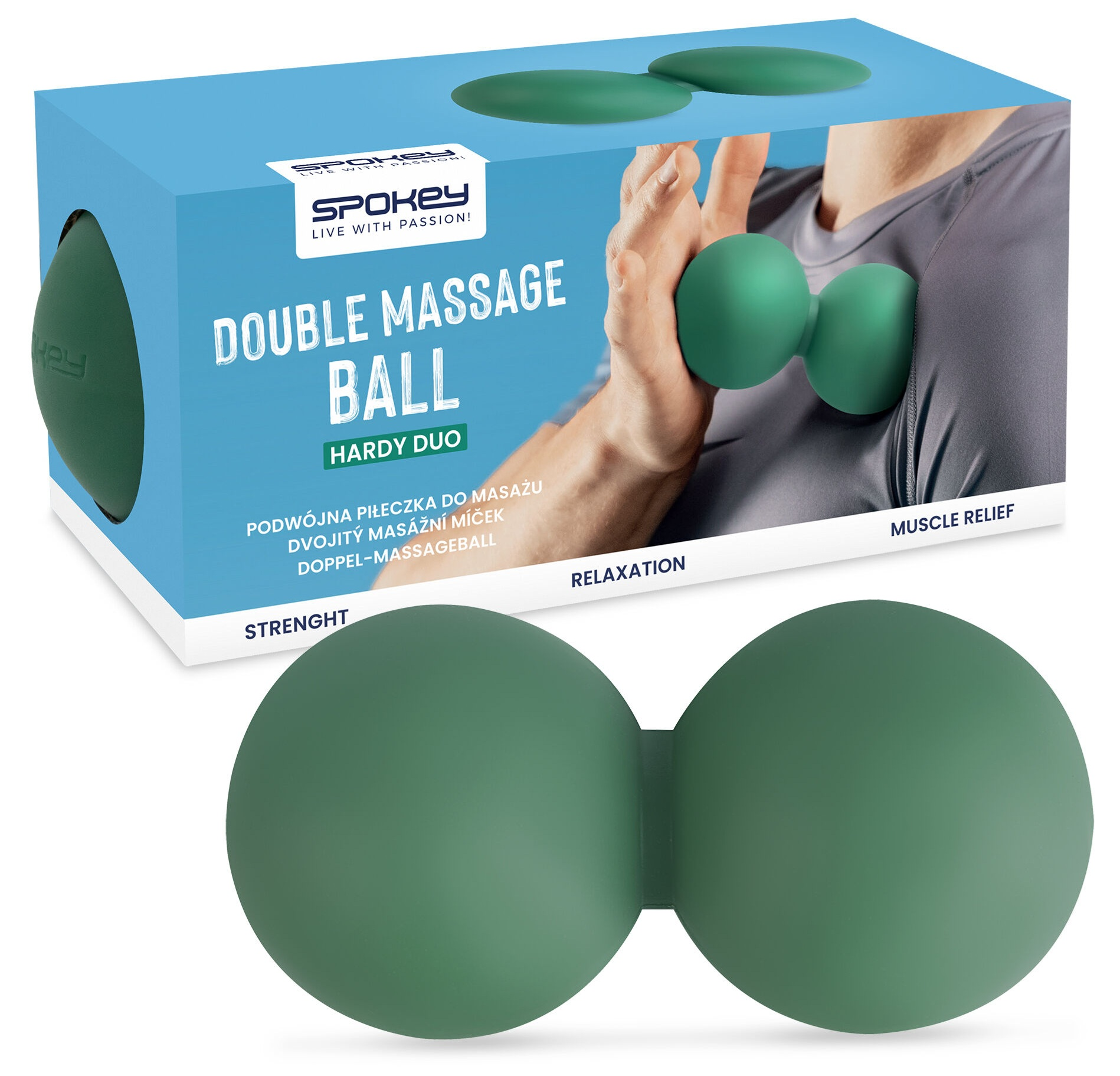 Zielona podwójna piłka do masażu używana na ramieniu. Pudełko produktu w tle.