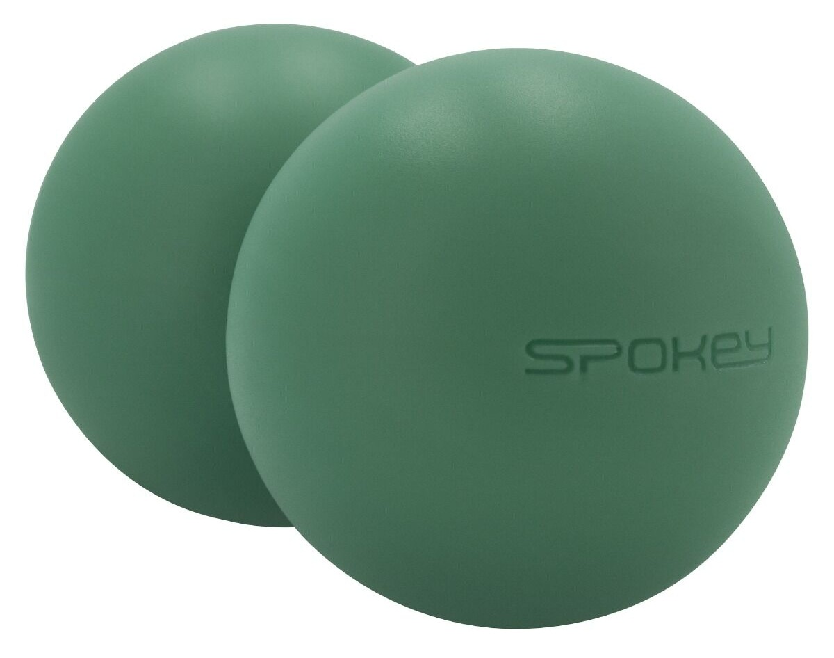 Dwie zielone piłki do masażu, jedna lekko za drugą. Na przedniej piłce wytłoczono 'Spokey'. Białe tło.