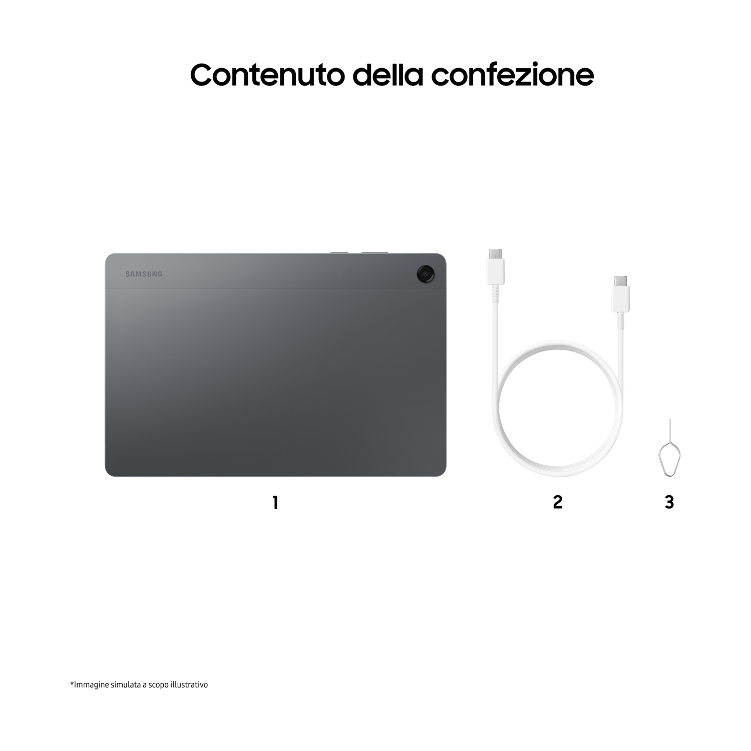 L'immagine mostra un tablet Samsung, un cavo bianco e uno strumento di espulsione SIM. Il tablet è grigio, gli accessori sono bianchi.