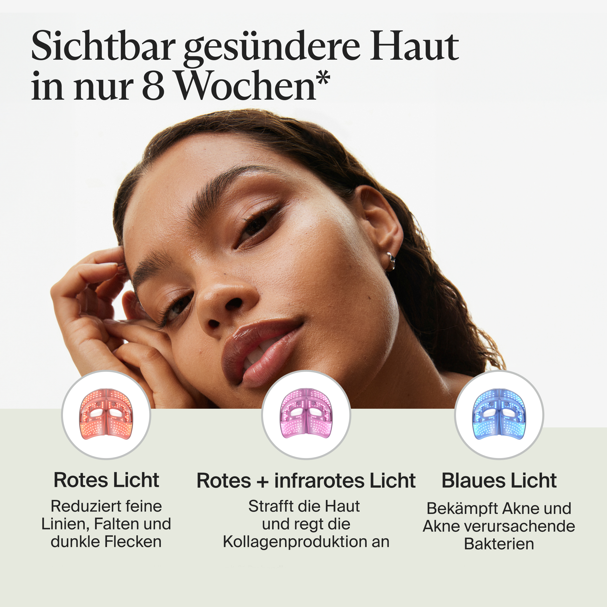 Frau mit gesunder Haut. Text sagt 'gesündere Haut in 8 Wochen'. Drei Kreise zeigen Lichtarten: rot, rot+Infrarot, blau.