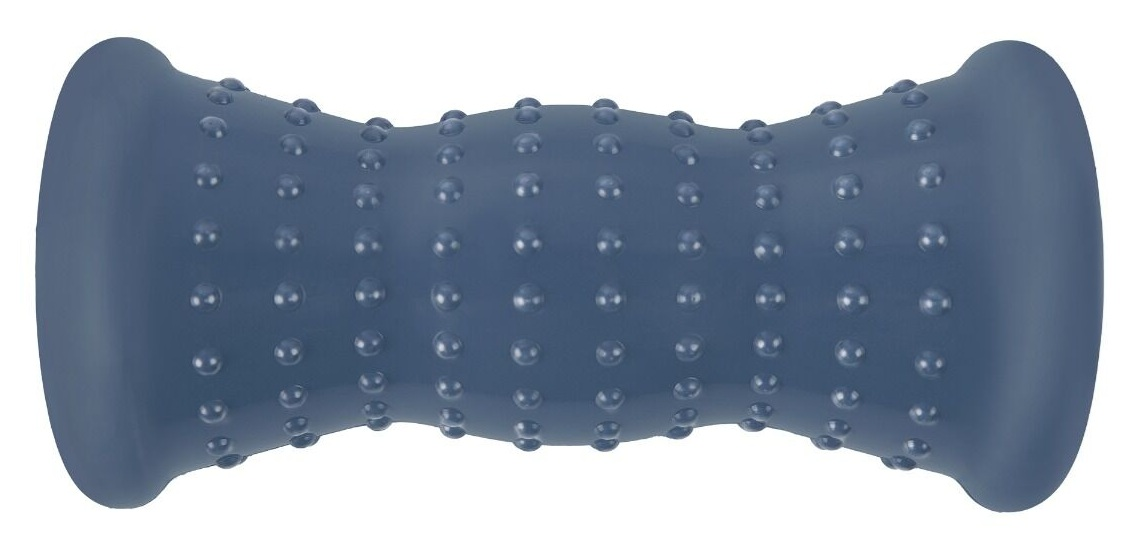 Niebieski wałek do stóp z wypukłymi wypustkami. Ma zaokrąglone końce i cylindryczny środek. Do masażu stóp.