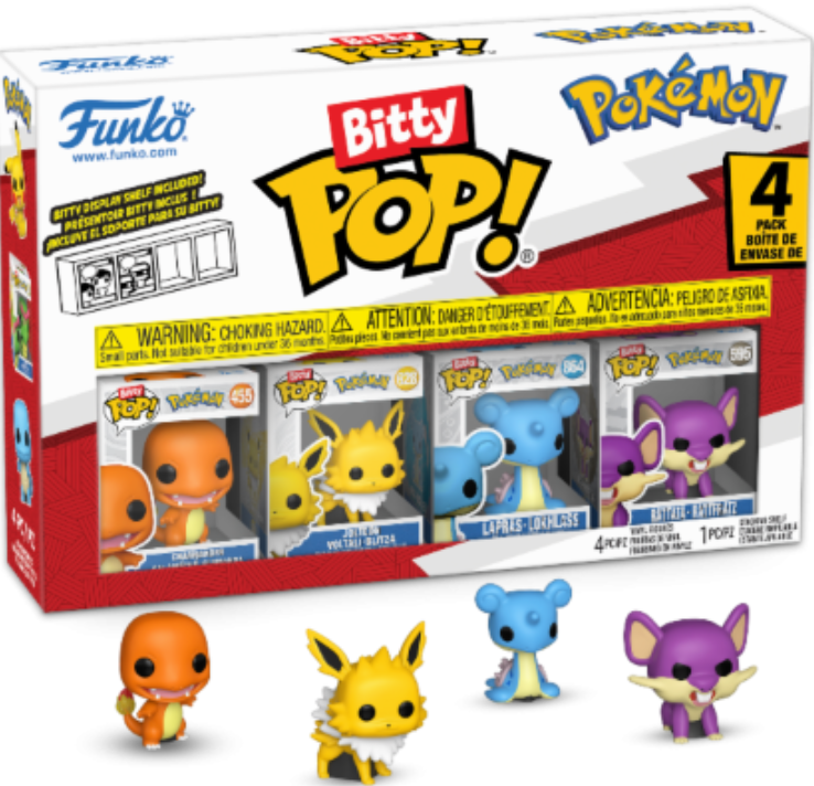 Ein Funko Bitty Pop! Pokémon Box-Set mit vier Figuren. Enthält Glumanda, Blitza, Lapras und Rattfratz. Die Box ist rot und weiß.