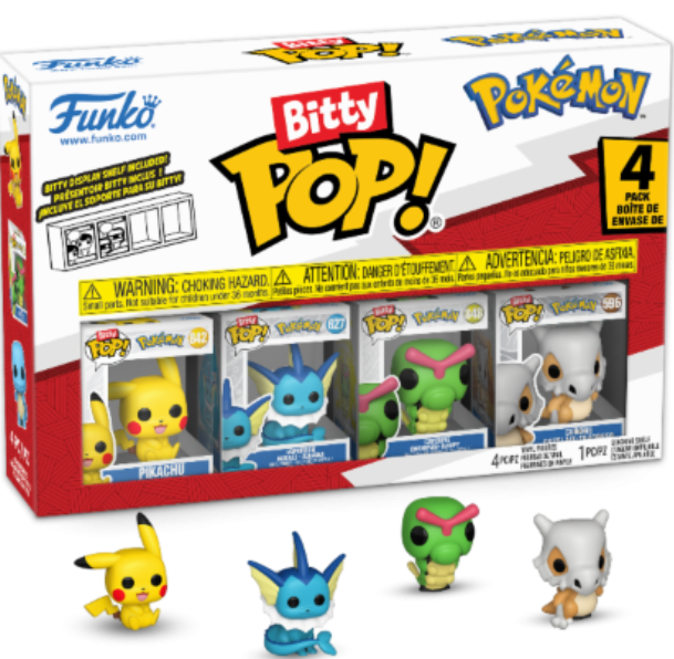Ein Funko Bitty Pop! Pokémon-Box-Set mit vier Figuren: Pikachu, Vaporeon und zwei anderen. Die Box ist weiß und rot.