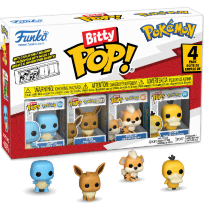 Ein Funko Bitty Pop! Pokémon-Box-Set. Enthält vier Figuren: Schiggy, Evoli, Fukano und Enton, sowie ein Regal.