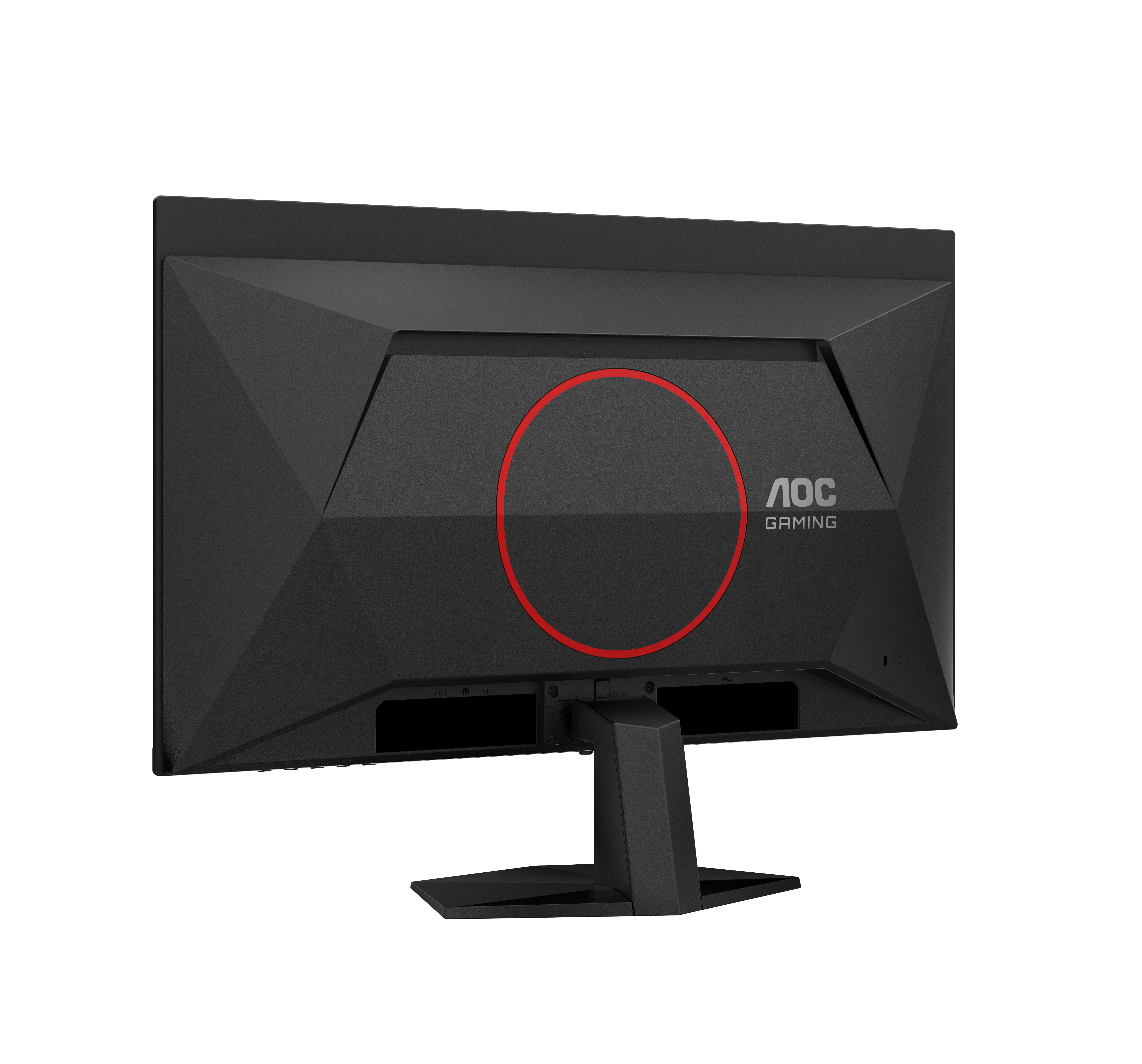 Schwarzer Gaming-Monitor-Rücken. Rotes Kreisdetail. AOC Gaming Logo. Schwarzer Ständer und Basis. Schwarzer Hintergrund.