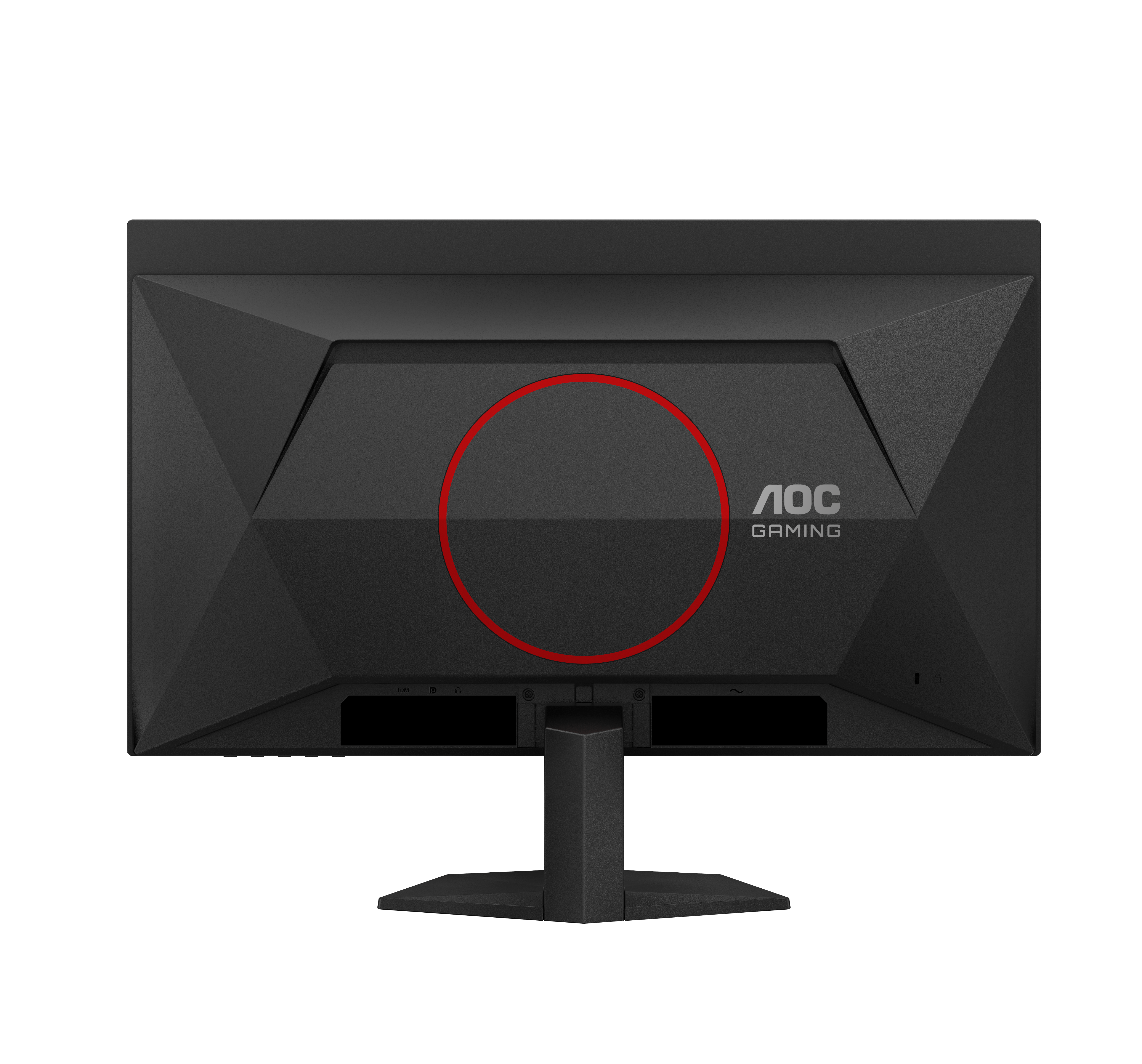 Die Rückseite eines schwarzen AOC-Gaming-Monitors. Es hat einen roten Kreis und das AOC-Logo. Der Ständer ist schwarz.