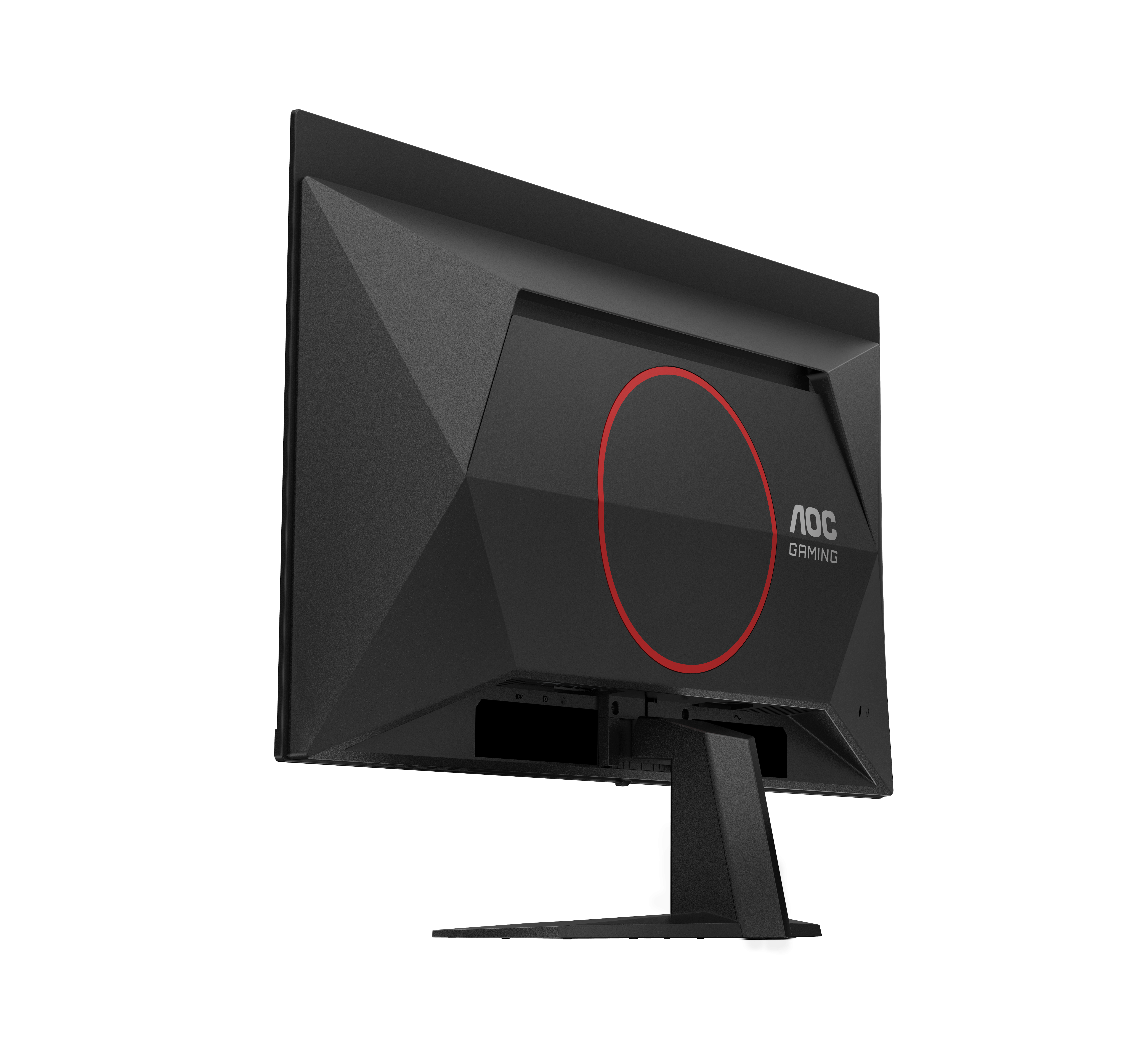 Rückseite eines schwarzen Gaming-Monitors. Roter Kreis. AOC Gaming Logo. Ständer unten.