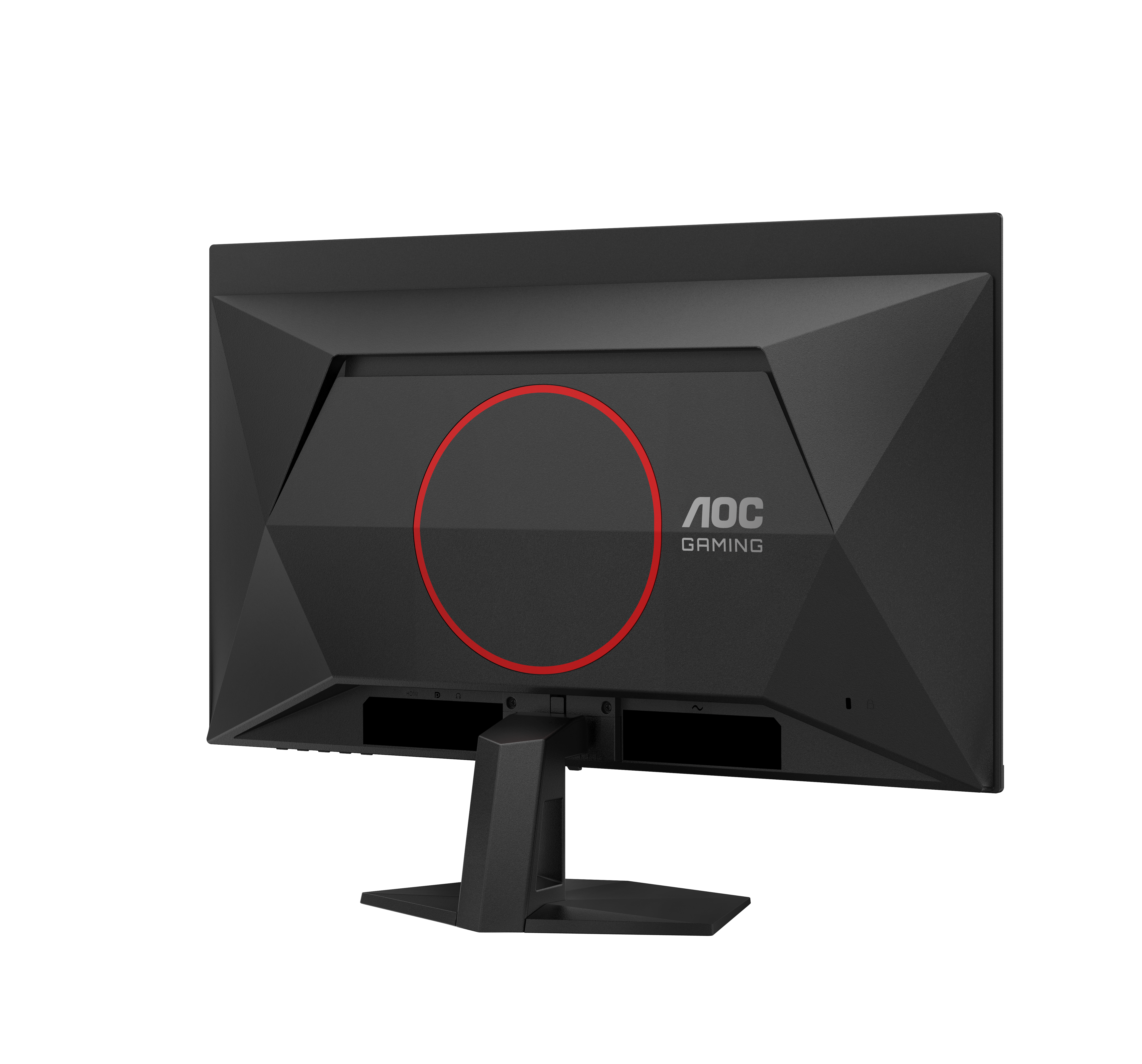 Rückseite eines schwarzen AOC-Gaming-Monitors. Es hat einen roten Kreis und das AOC Gaming-Logo.