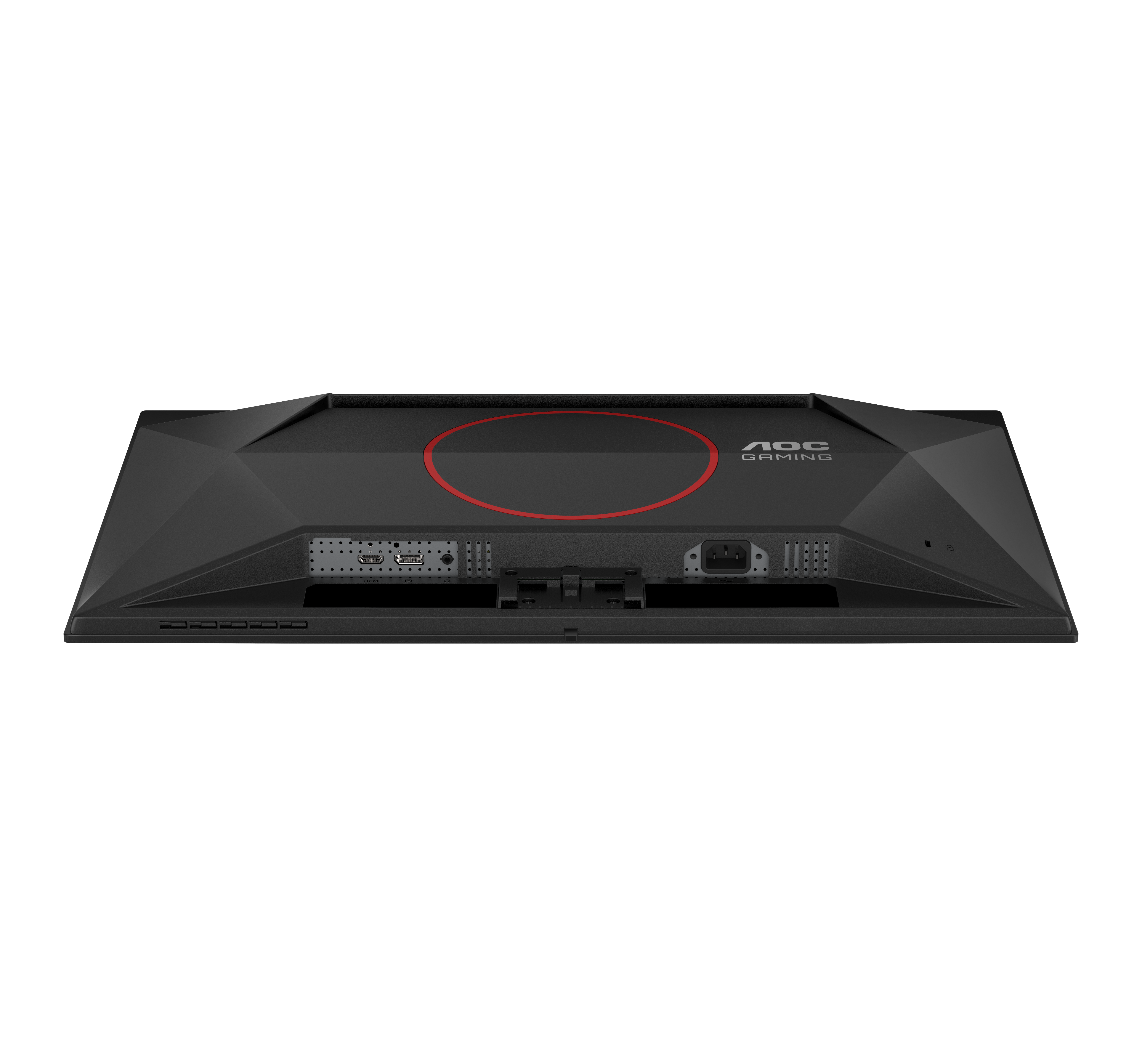 Die Rückseite eines schwarzen AOC-Gaming-Monitors. Er hat Anschlüsse, einen Stromeingang und einen roten Kreis.
