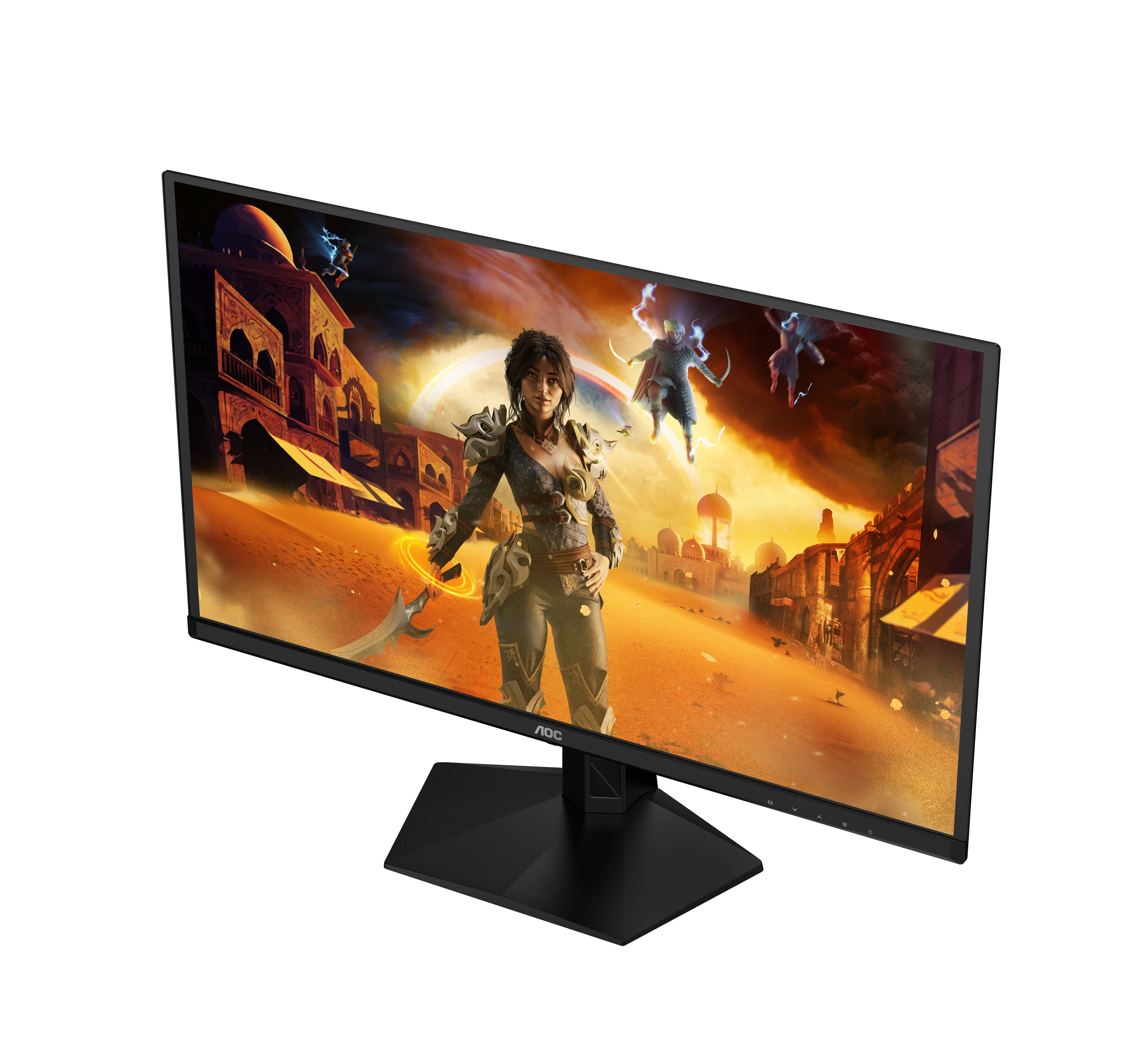 Monitor, der eine Fantasieszene mit einer Kriegerin mit Schwert zeigt, inmitten von Gebäuden und fliegenden Figuren, in einer Wüste.