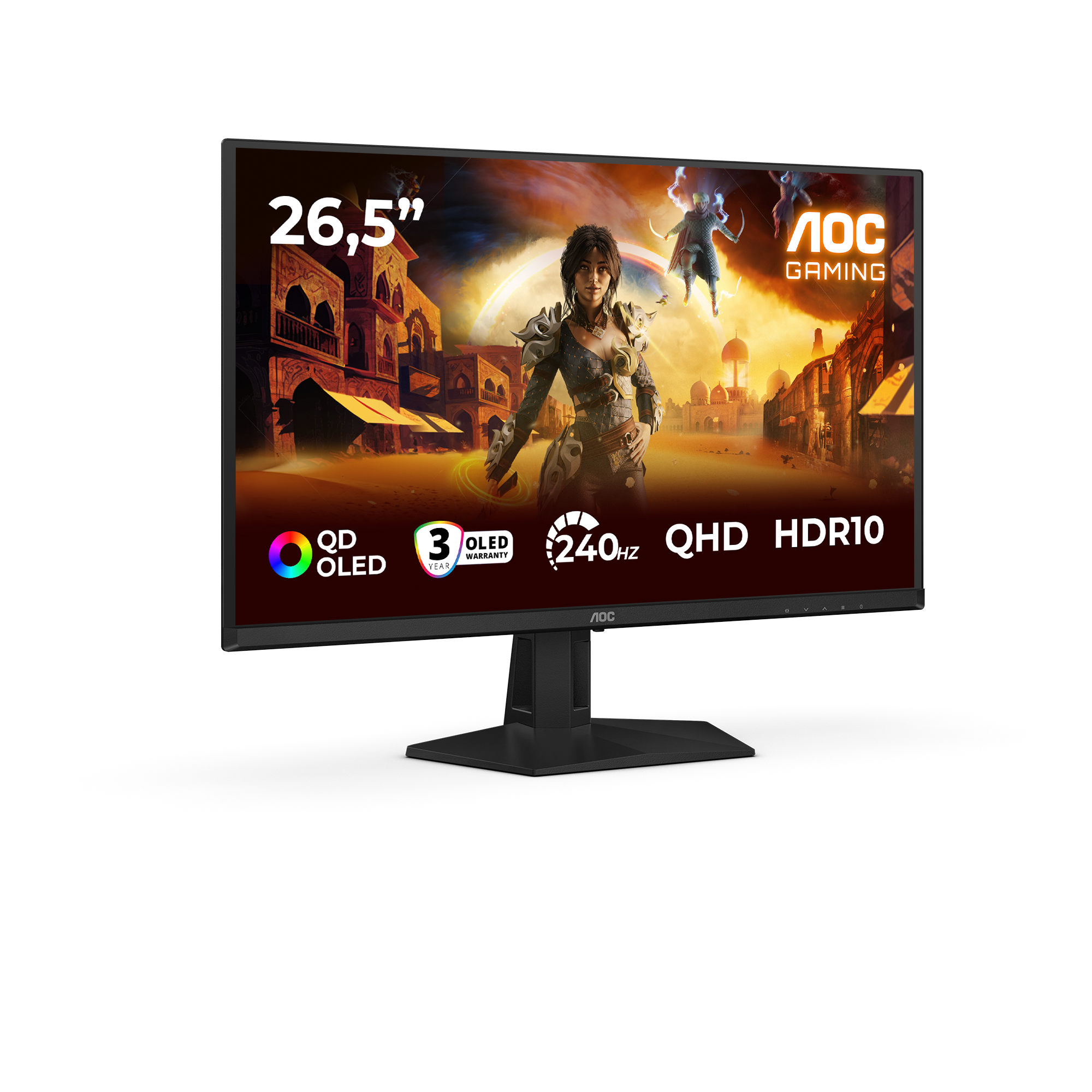 AOC-Gaming-Monitor mit Spielszene auf dem Bildschirm. Er hat einen schwarzen Rahmen und Ständer. Spezifikationen werden angezeigt.
