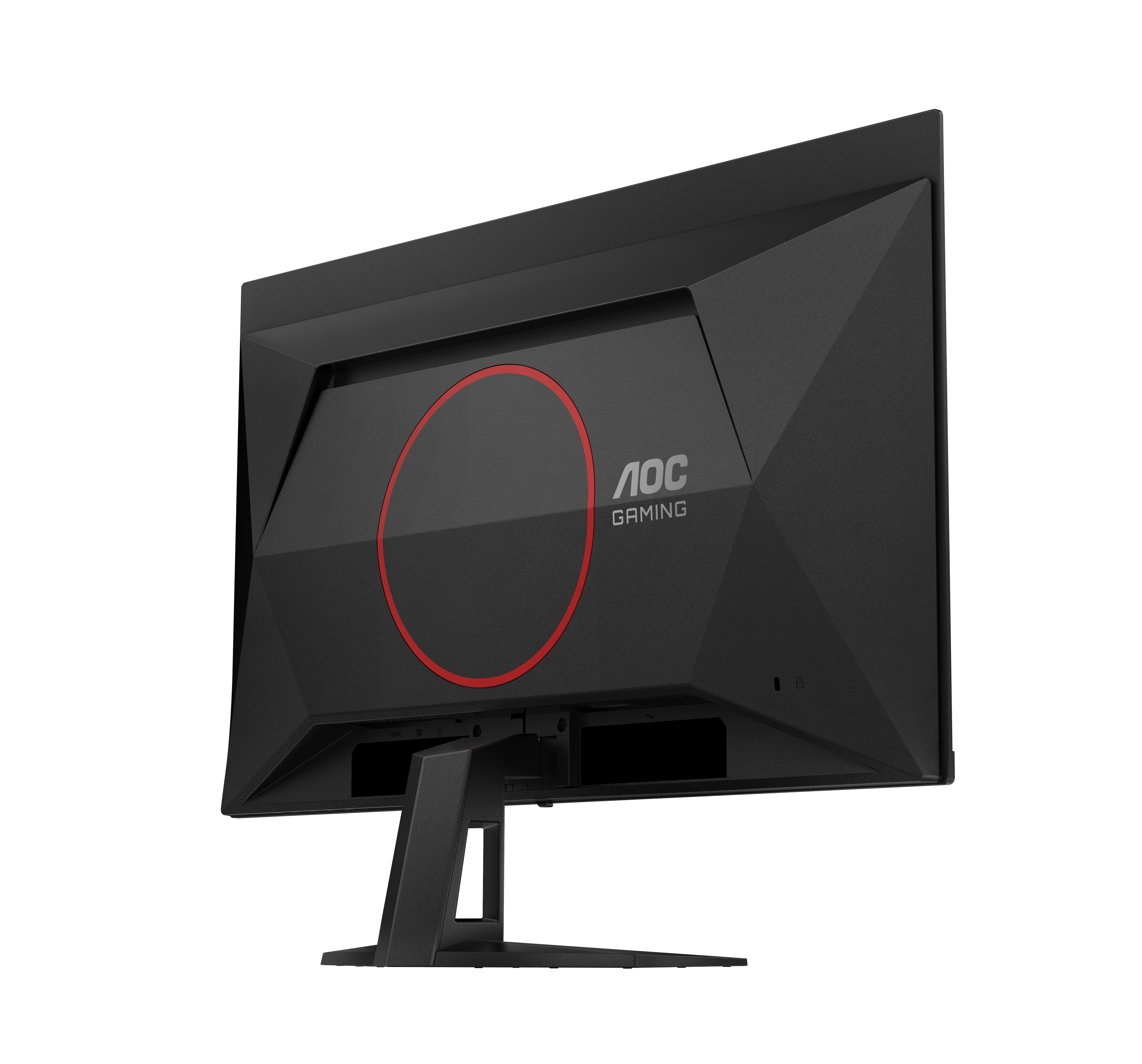 Rückseite eines schwarzen AOC-Gaming-Monitors. Es hat einen roten Kreis und das Markenlogo. Ein Ständer stützt den Monitor, weißer Hintergrund.
