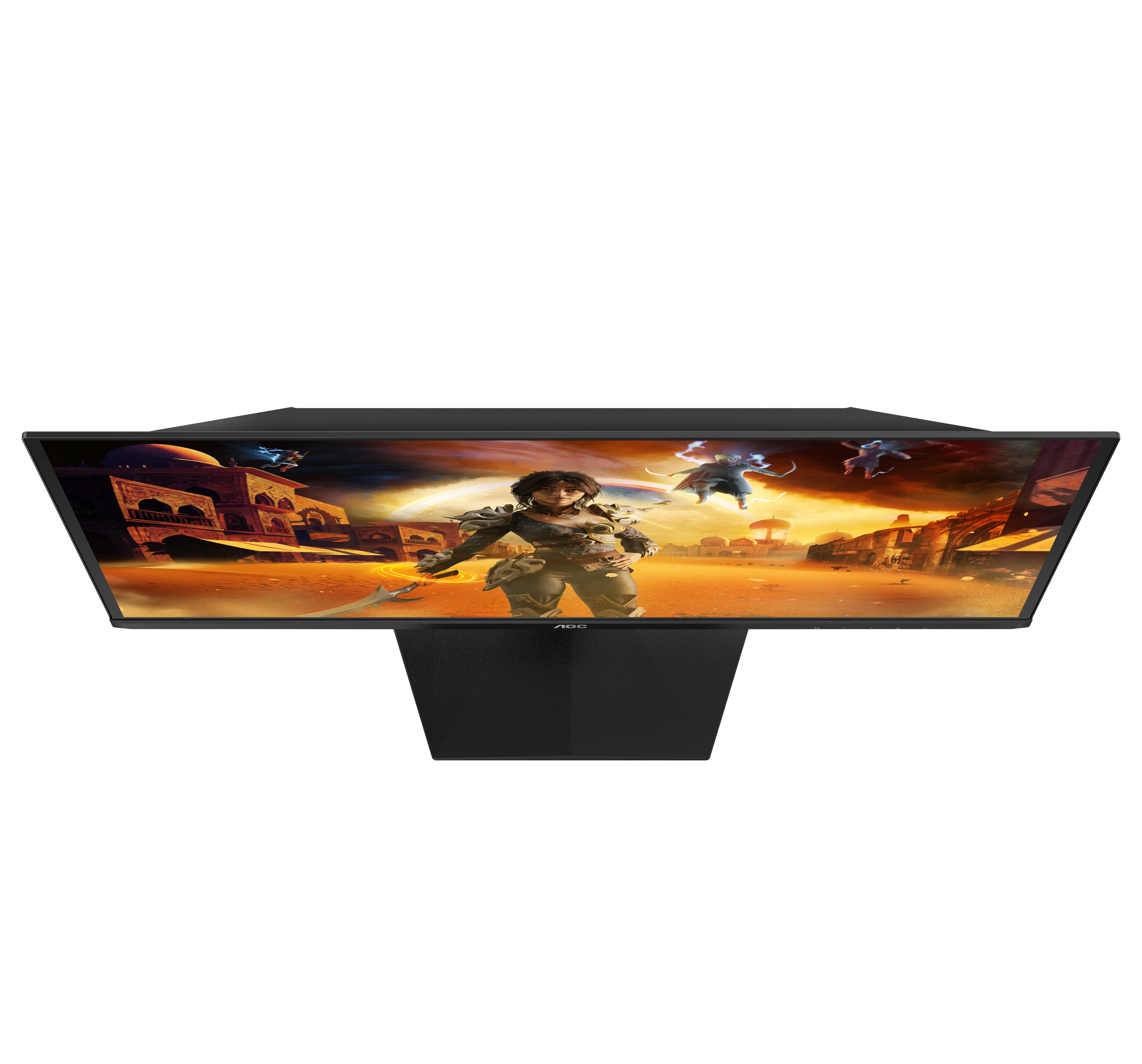 Monitor zeigt eine Fantasieszene mit einem Krieger mit Schwert. Hintergrund: Gebäude und Charaktere.
