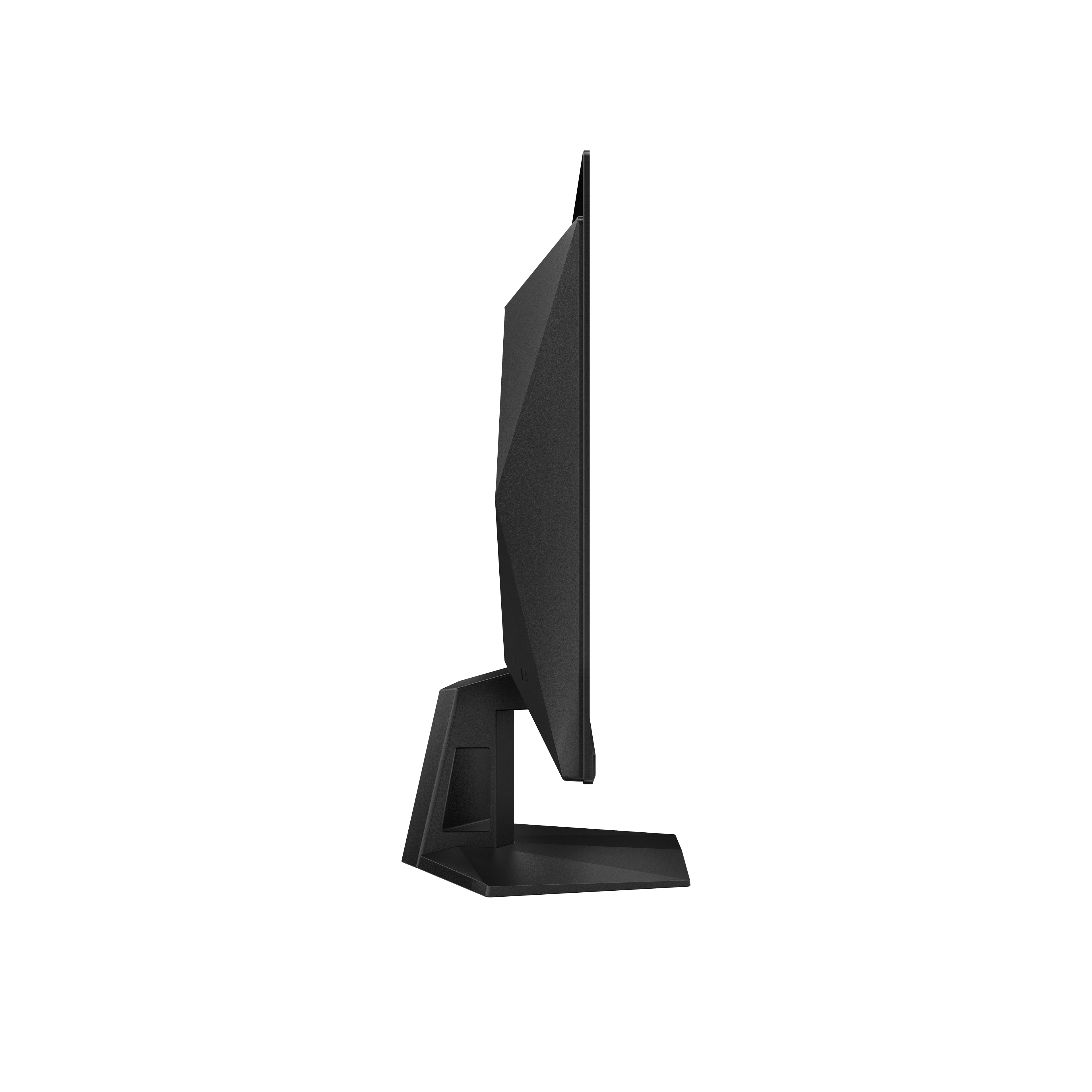 Seitenansicht eines schwarzen Computermonitors auf schwarzem Hintergrund. Der Monitor steht aufrecht.