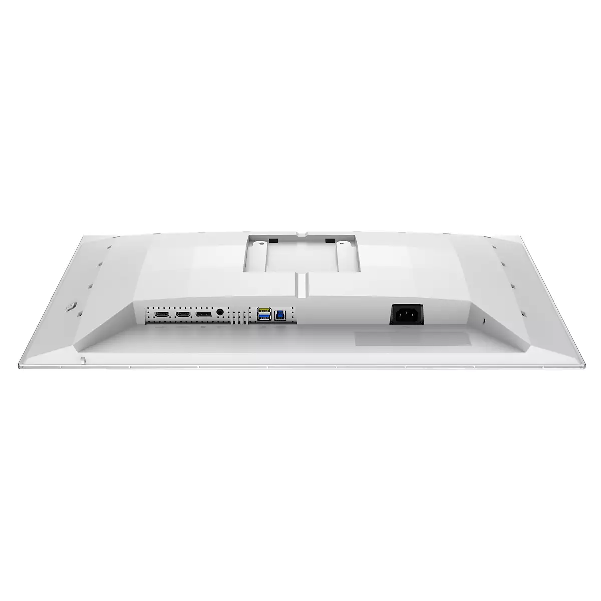Die Rückseite eines weißen Computermonitors wird gezeigt. Verschiedene Anschlüsse sind sichtbar, darunter HDMI, USB und ein Stromanschluss.