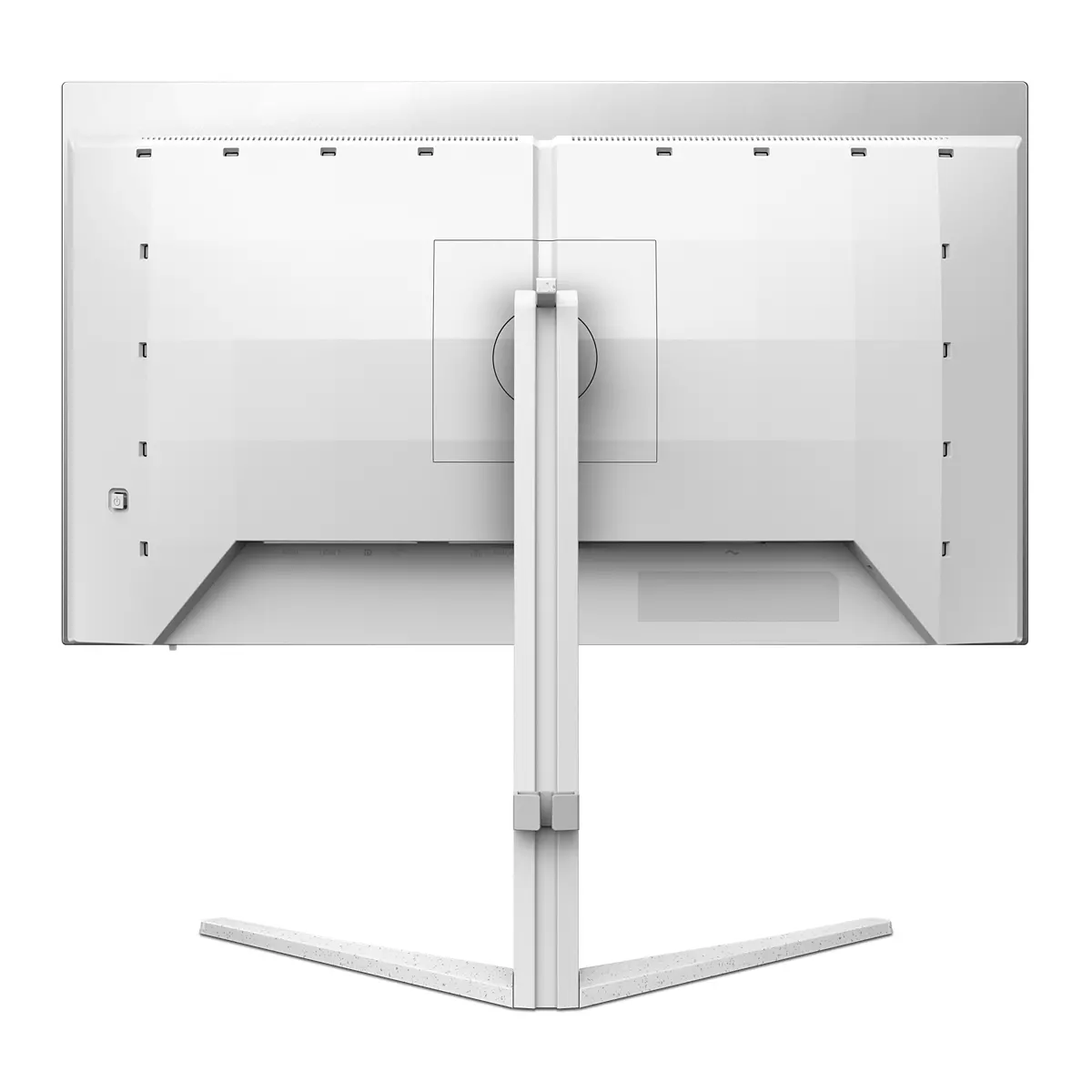 Rückseite eines weißen Computermonitors mit Ständer. Der Ständer ist ebenfalls weiß und hat eine Y-förmige Basis. Der Monitor ist quadratisch.