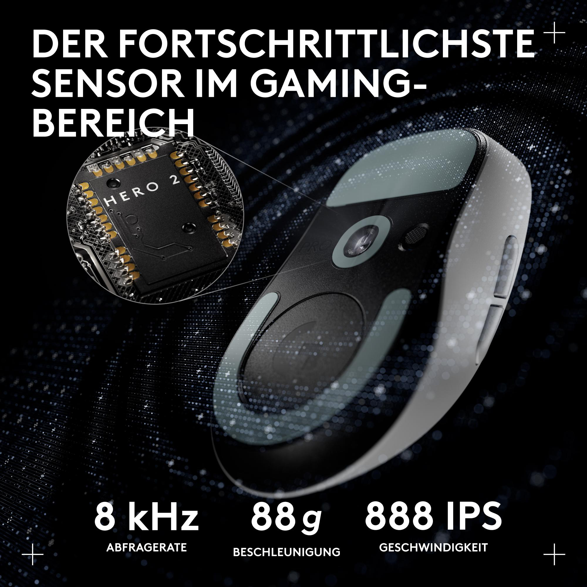 Das Bild zeigt eine Gaming-Maus und ihren Sensor. Text hebt Merkmale hervor: 8 kHz, 88g und 888 IPS. Schwarzer Hintergrund.