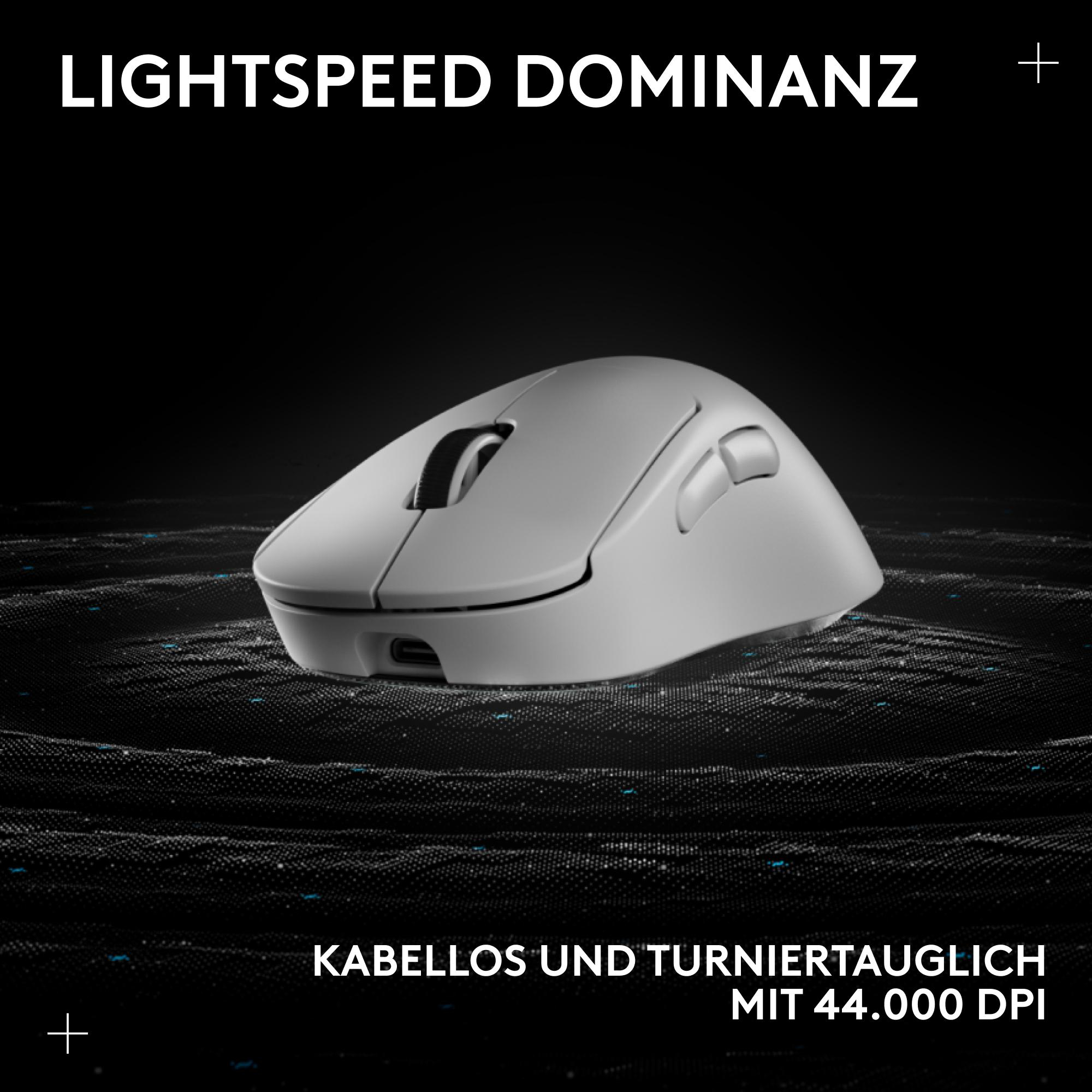 Eine graue kabellose Maus mit schwarzem Text. Die Maus befindet sich auf einer strukturierten schwarzen Oberfläche.