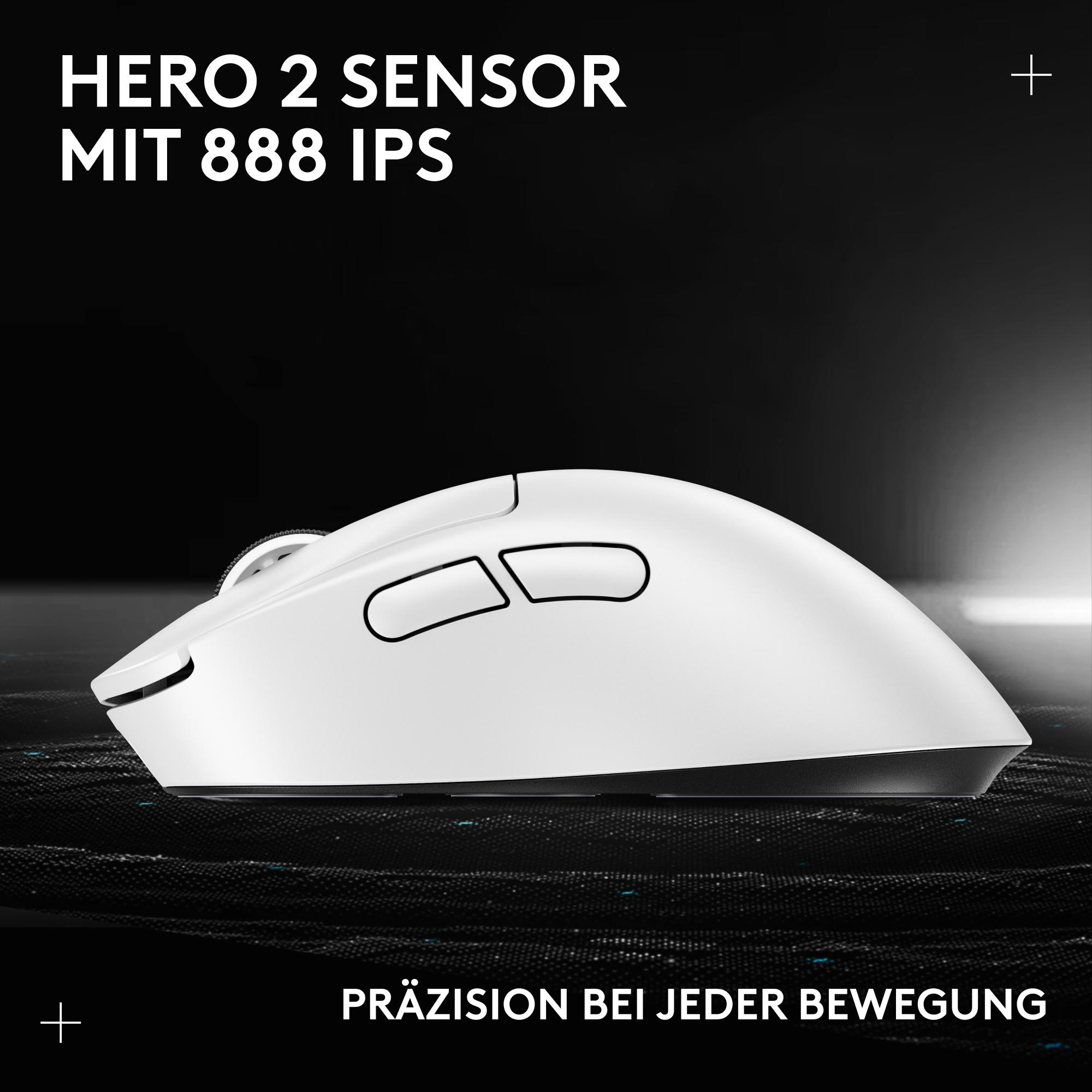 Eine weiße Gaming-Maus mit schwarzen Akzenten, schwarzem Hintergrund und Text 'HERO 2 SENSOR'.