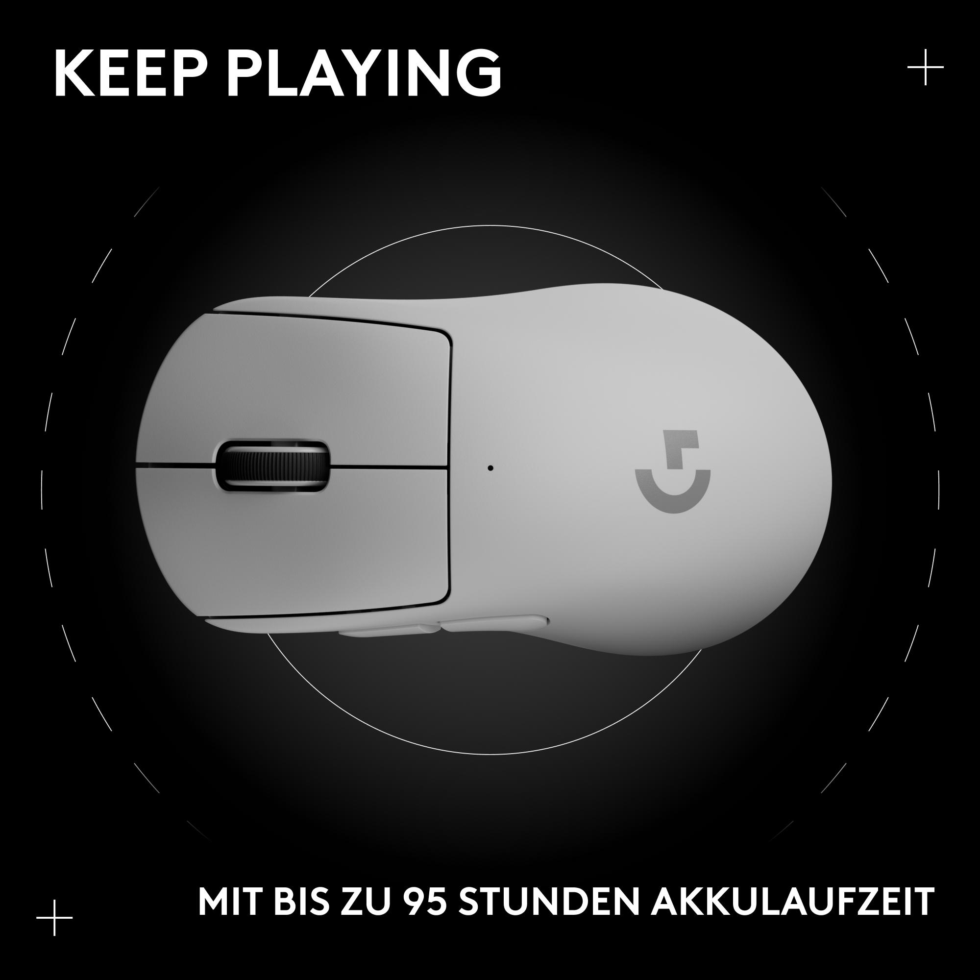 Eine weiße Logitech-Maus auf schwarzem Hintergrund. Text: 'Keep Playing' und 'Bis zu 95 Stunden Akkulaufzeit'.