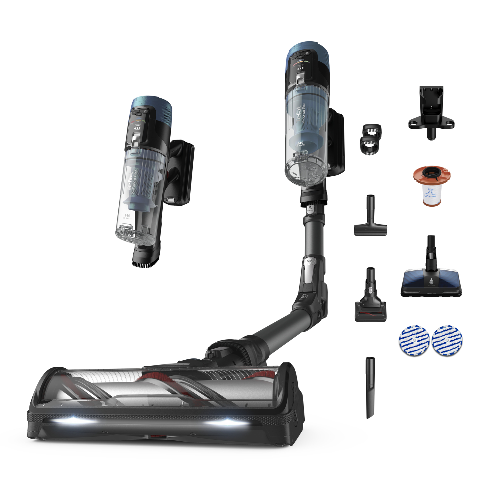 Odkurzacz bezprzewodowy z akcesoriami na białym tle. Zawiera wiele głowic, elastyczne ramię i stacje ładowania.