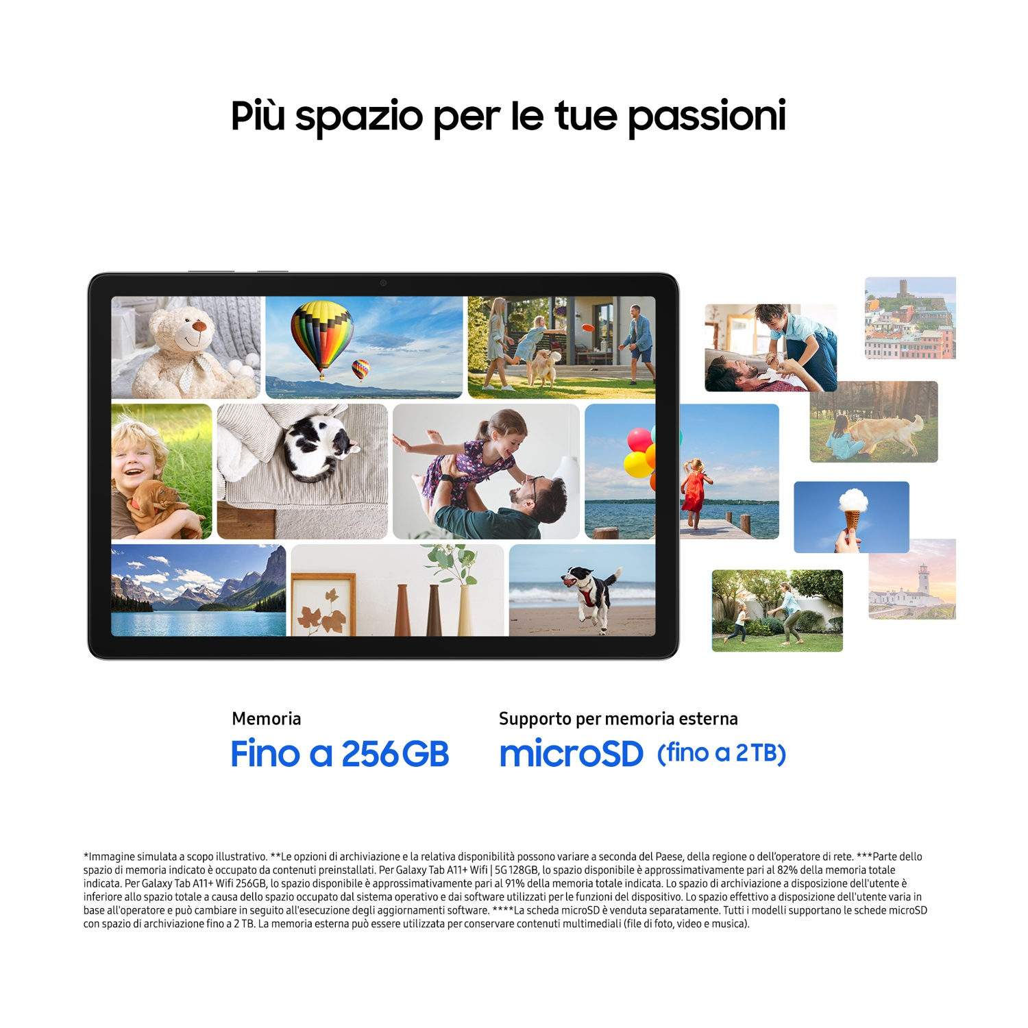 Schermo del tablet che mostra varie immagini. Il testo in basso indica opzioni di archiviazione fino a 256 GB e supporto microSD fino a 2 TB.
