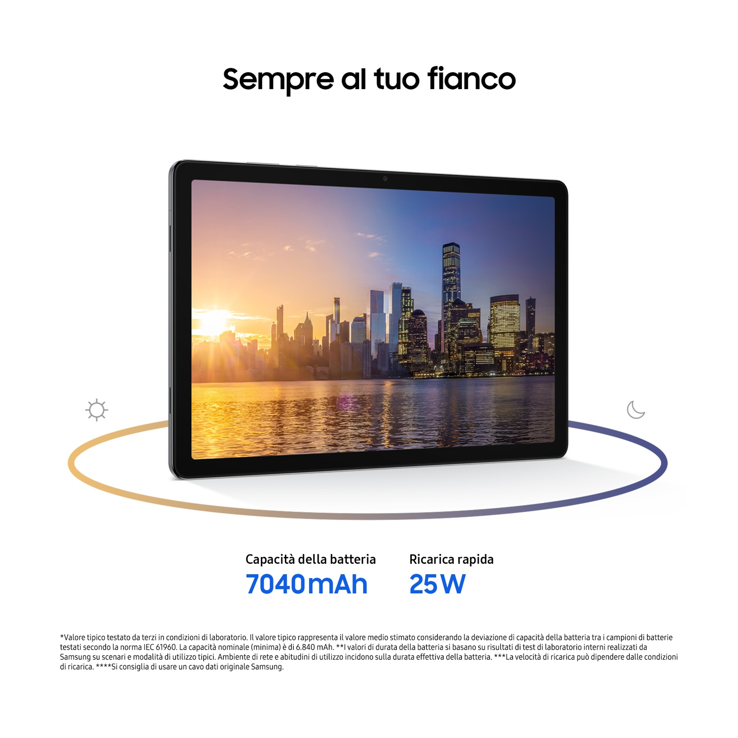 Tablet con skyline della città al tramonto. Testo: Sempre al tuo fianco, batteria 7040mAh, ricarica rapida 25W.