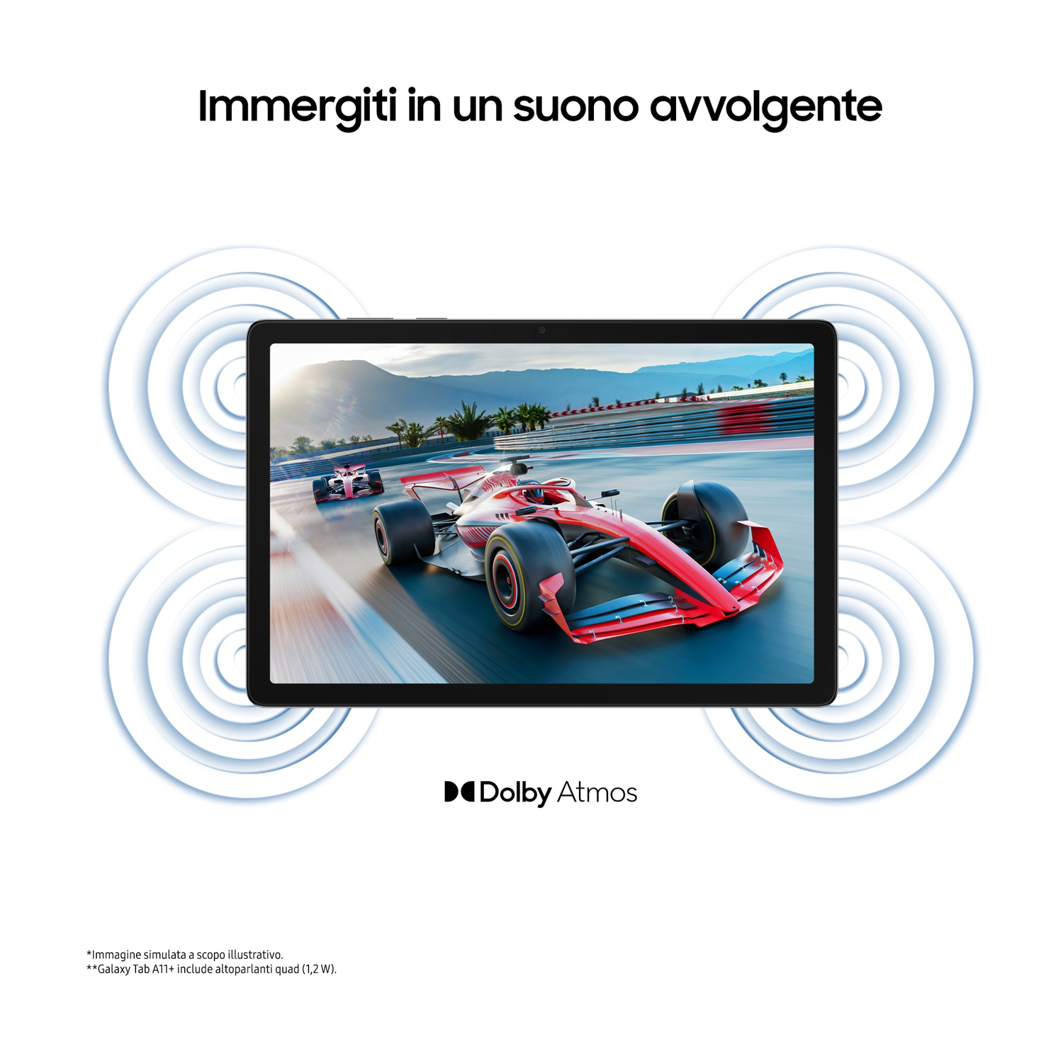 Tablet che mostra un'auto da corsa in pista. Onde sonore circondano il tablet. Logo Dolby Atmos in basso.