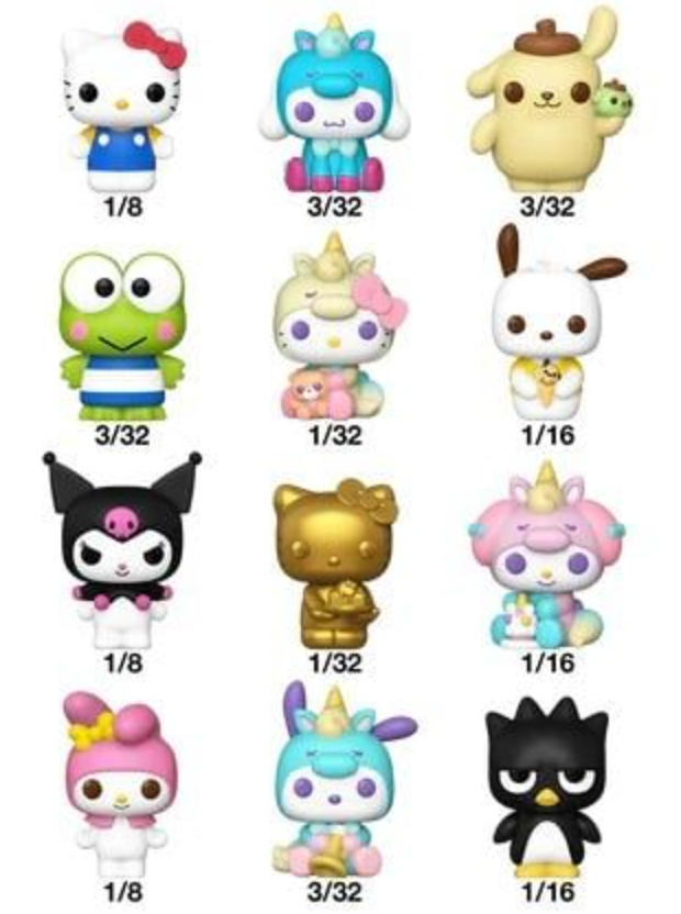 Das Bild zeigt 12 kleine Figuren von Zeichentrickfiguren, darunter Hello Kitty und Freunde, jede mit einzigartigen Designs und Farben.